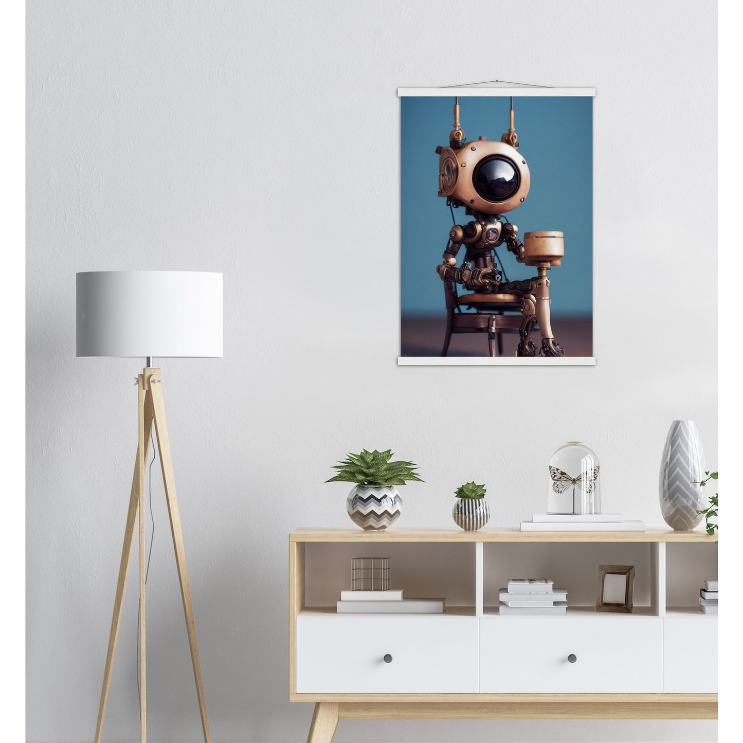 Poster mit Leisten (Holz) in Museumsqualität - Tiny robot with a present - "Tiny Sam" - Wandbild - Customizable Coffee Cup - Personalized Gifts - Kunstdruck - Roboter mit Geschenk - Steampunk - Acryldruck - Present Robots - Personalized Gifts - Poster with frame - nr.5 lebt - zukunft - Kunstwerk - Office Poster - Poster mit Rahmen - Kaffee Tasse  - Bedruckte Tassen - Kunst Marke - Art Brand - Wandbild - Kunstdrucke - Künstler: John Grayst & Pixelboys - emotional robots - Geschenkidee - Wall Art -