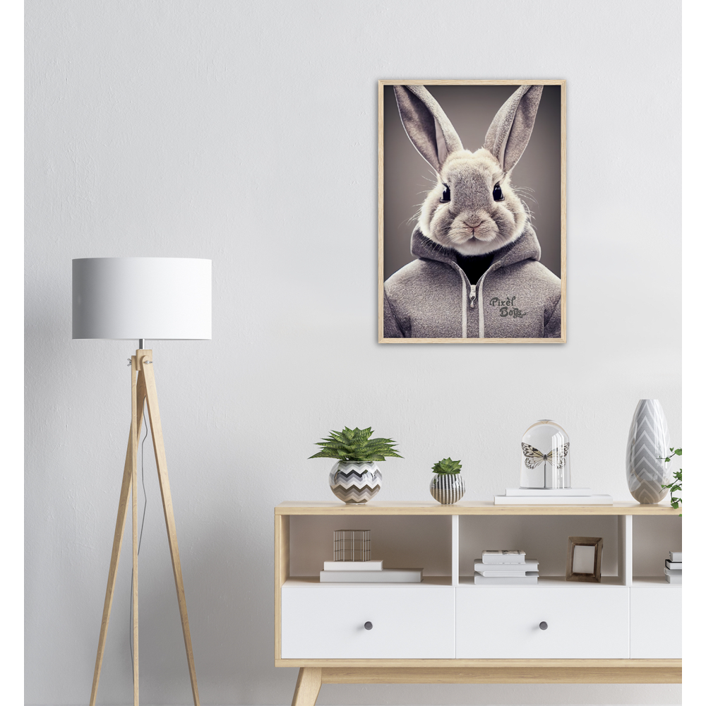 Poster mit Rahmen (Holz) - Bunny in grey Hoodie - "Constantin" - Fashion Gang - Wandbild - Ostern - Geschenkidee - Osterhase - Bunny Crew: "Constantin" - "Caesar" - "Titus" - "Cleo" - Weisser Hase - Easter Bunny - Cute - grey Hoodie - sweats - Alice's Adventures in Wonderland - Modemarke - Pixelboys Brand - Constantin der Hase - Hase - Kaninchen  - Künstler: "Pixelboys" - Atelier - Germany - Berlin - Hamburg - Colgne - France - Paris - Italy - Rom - USA - America - New York City - Los Angeles - Chicago - 