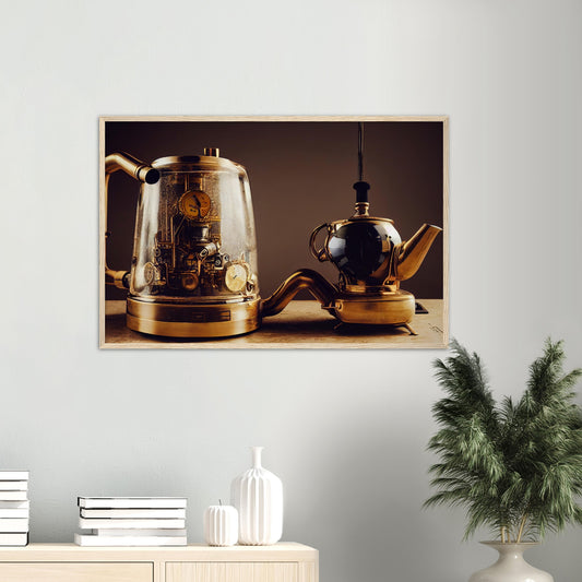 Poster mit Rahmen (Holz) - in Museumsqualität - Steampunk - Coffee Maker - No.2 - Pixelboys - Wandbild - Kunstwerk - Hotelkunst - Kunst auf Postern - Fine Art - Steampunk - Future - Maschine - Poster with frame - Office Poster - Art Brand - Pixelboys - Coffee House - Restaurant Poster - Schöner Wohnen - Dekoration - Wall Art - Kunstdruck - Geschenkidee - Kunst auf Acrylglas - Future Coffee Cup - Personalisierbare Tasse - Gastro Poster -  Gewerbliche Poster - exklusiv - Gastronomie Poster - Hotelposter -