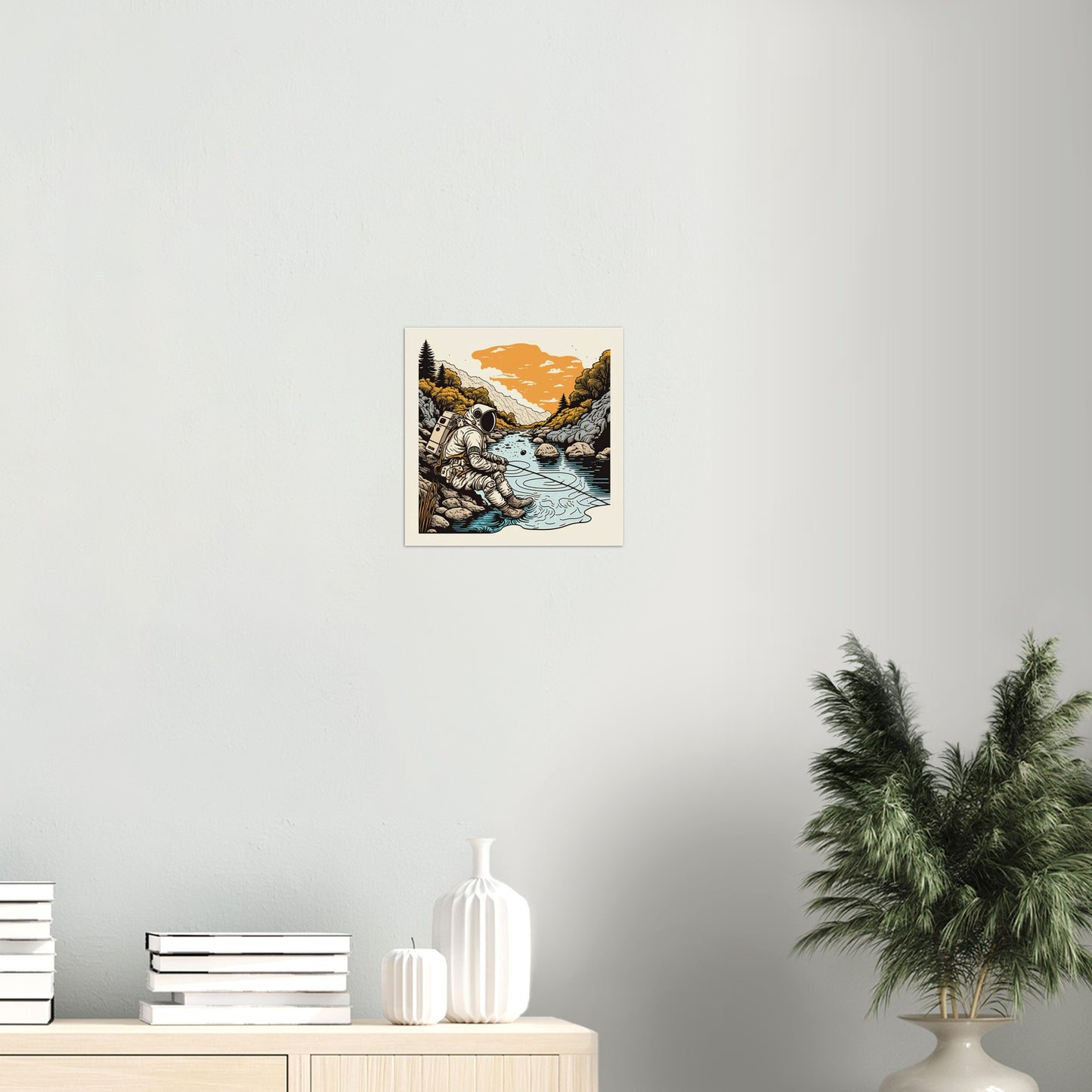 Poster in Museumsqualität - Fishing Astronaut - Buzz - Angeln - Astronaut - Natur - Posterleisten - USA - Fineart - Posterrahmen  - Wandkunst - Holzrahmen - Poster with frame - people of color - artwork - art brand - printed cup personalized - Holzleisten - pixelboys - Kunstdrucke - wandbilder - wall art - Kunst auf Tassen  - Office Poster - Gastrotassen - Wanddekoration - Acrylkunst - Geschenkidee - Office Poster - Acryldruck - Abstrakte Kunst -