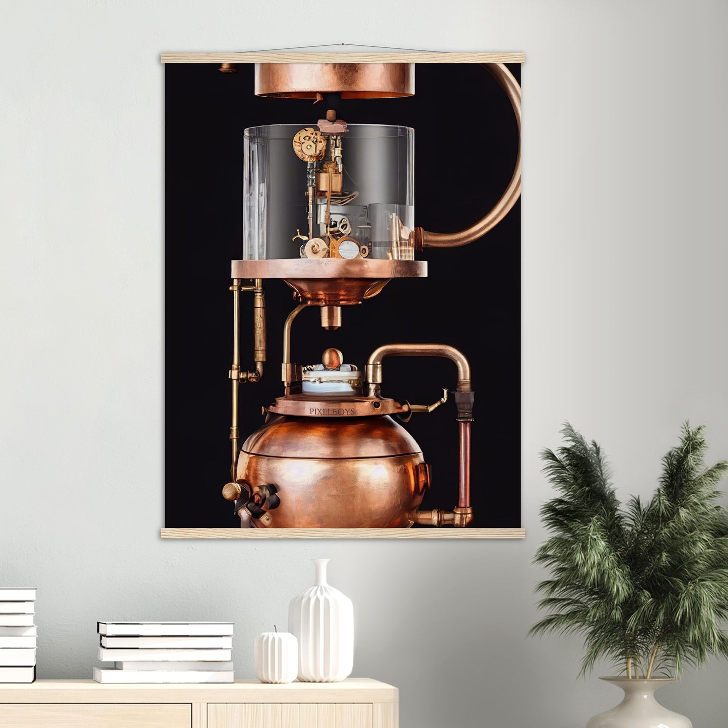 Poster mit Leisten (Holz) - Steampunk - Coffee Maker - No.6 - Collection Cup - Pixelboys - Wandbild - Kunstwerk - Hotelkunst - Kunst auf Postern - Fine Art - Steampunk - Future - Maschine - Poster with frame - Office Poster - Art Brand - Pixelboys - Coffee House - Restaurant Poster - Wall Art - Kunstdruck - Geschenkidee - Kunst auf Acrylglas - Future Coffee Cup - Personalisierbare Tasse - Gastro Tasse - exklusiv - Acryldruck - Gastronomie Poster - Hotelposter - Teestube - Steam Punk Kitchen -   