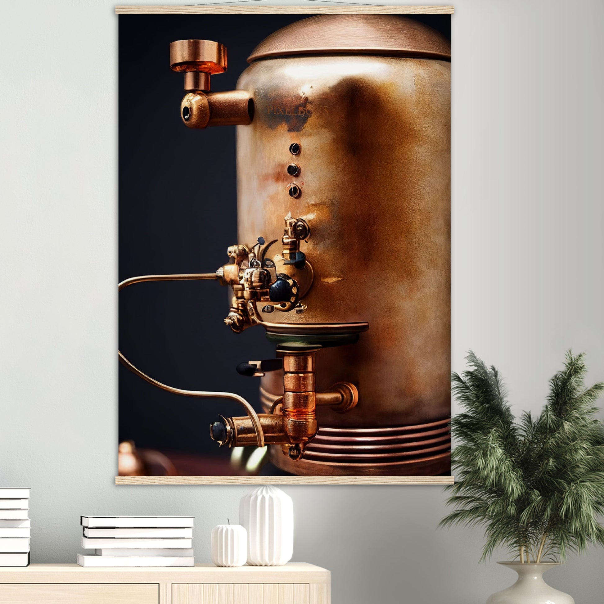 Poster mit Leisten (Holz) - Steampunk - Coffee Maker - No.5 - Collection Cup - Pixelboys - Wandbild - Kunstwerk - Hotelkunst - Kunst auf Postern - Fine Art - Steampunk - Future - Maschine - Poster with frame - Office Poster - Art Brand - Pixelboys - Coffee House - Restaurant Poster - Wall Art - Kunstdruck - Geschenkidee - Kunst auf Acrylglas - Future Coffee Cup - Personalisierbare Tasse - Gastro Tasse - exklusiv - Acryldruck - Gastronomie Poster - Hotelposter - Steam Punk Kitchen -   