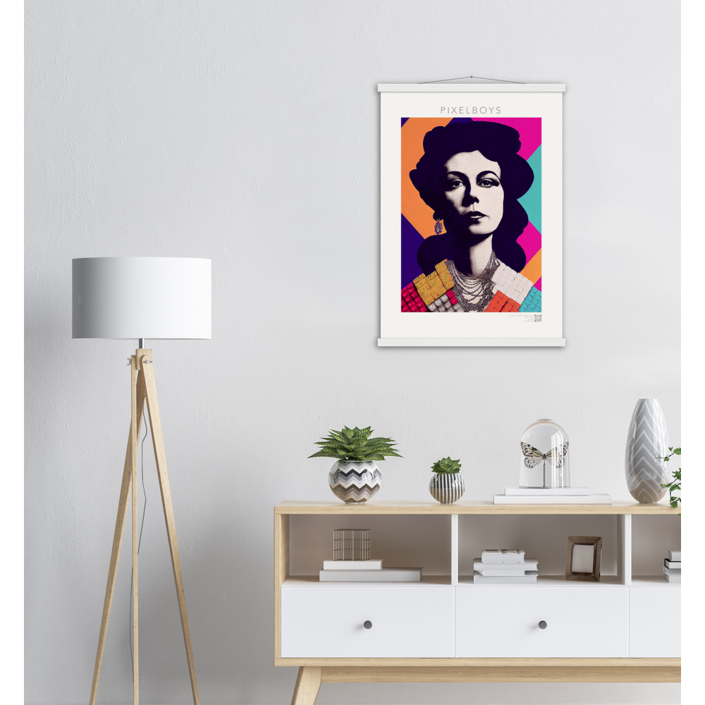  Poster mit Leisten (Holz) - in Museumsqualität - The Queen No.3 - HRH in cubes - Kunstdruck - 250g/qm - Queen Elisabeth II - Monarch - HRH - His/Her Royal Highness - Groß Britannien - Commonwealth - The Royal Family - Wandbild - Kubismus - synthetischen Kubismus - Georges Braque - Künstler: "John Grayst" - Atelier - UK - GB - London - 