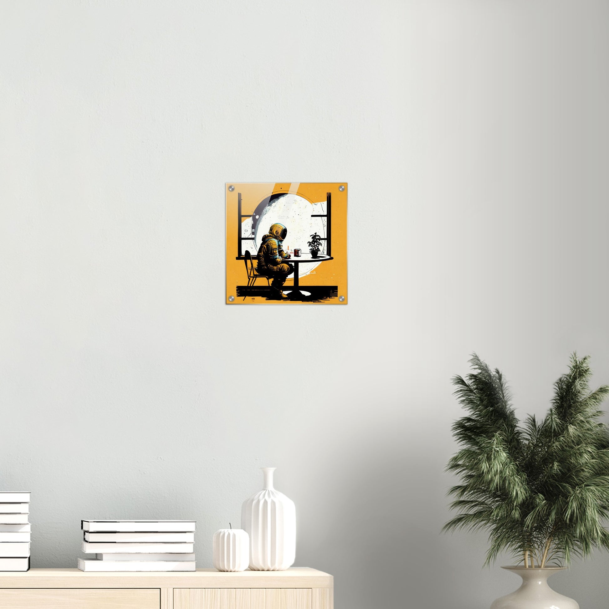  Acrylbild auf Glas-  in Museumsqualität - The waiting Astronaut - Michael - Illustration - Astronaut - Waiting - Posterleisten - USA - Fineart - Posterrahmen  - Wandkunst - Holzrahmen - Poster with frame - people of color - artwork - art brand - printed cup personalized - Holzleisten - pixelboys - Kunstdrucke - wandbilder - wall art - Kunst auf Tassen  - Office Poster - Gastrotassen - Wanddekoration - Acrylkunst - Geschenkidee - Office Poster - Acryldruck - Abstrakte Kunst -