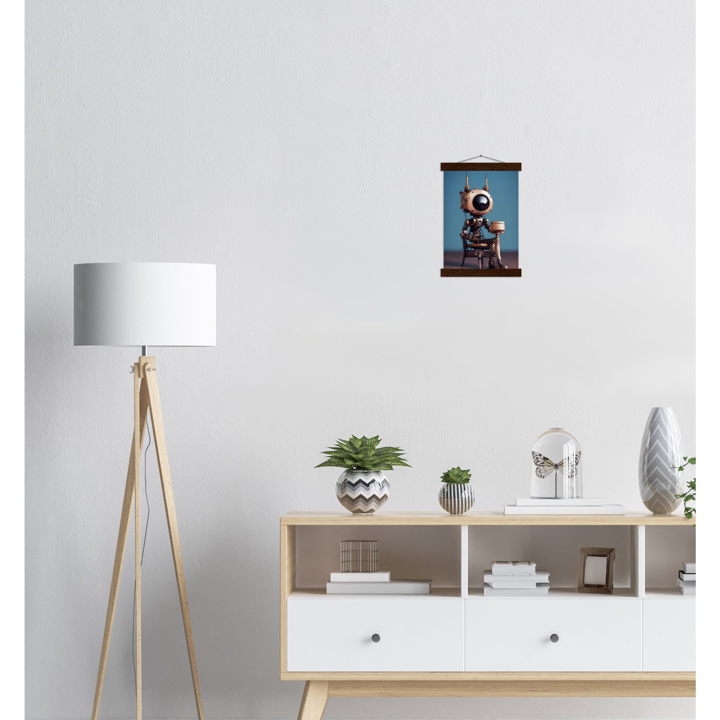 Poster mit Leisten (Holz) in Museumsqualität - Tiny robot with a present - "Tiny Sam" - Wandbild - Customizable Coffee Cup - Personalized Gifts - Kunstdruck - Roboter mit Geschenk - Steampunk - Acryldruck - Present Robots - Personalized Gifts - Poster with frame - nr.5 lebt - zukunft - Kunstwerk - Office Poster - Poster mit Rahmen - Kaffee Tasse  - Bedruckte Tassen - Kunst Marke - Art Brand - Wandbild - Kunstdrucke - Künstler: John Grayst & Pixelboys - emotional robots - Geschenkidee - Wall Art -