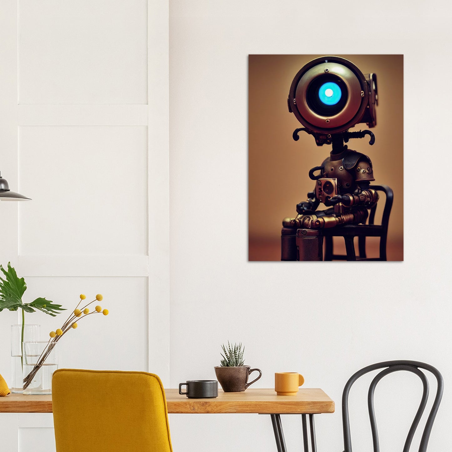 Poster in Museumsqualität -  Tiny robot with coffee - "Bobby" - Wandkunst - Papierdicke: 250g/qm - Customizable Coffee Cup - Personalized Gifts - Kunstdruck - Kleine Roboter - Steampunk - Acryldruck - Little Robots - Personalized Gifts - Tiny  - Steampunk - zukunft - Poster with frame - Kunstwerk - Office Poster - Poster mit Rahmen - Kaffee Tasse - Poster - Bedruckte Tassen - Kunst Marke - Art Brand - Wandbild - Kunstdrucke - Künstler: John Grayst & Pixelboys - emotional robots - Geschenkidee -