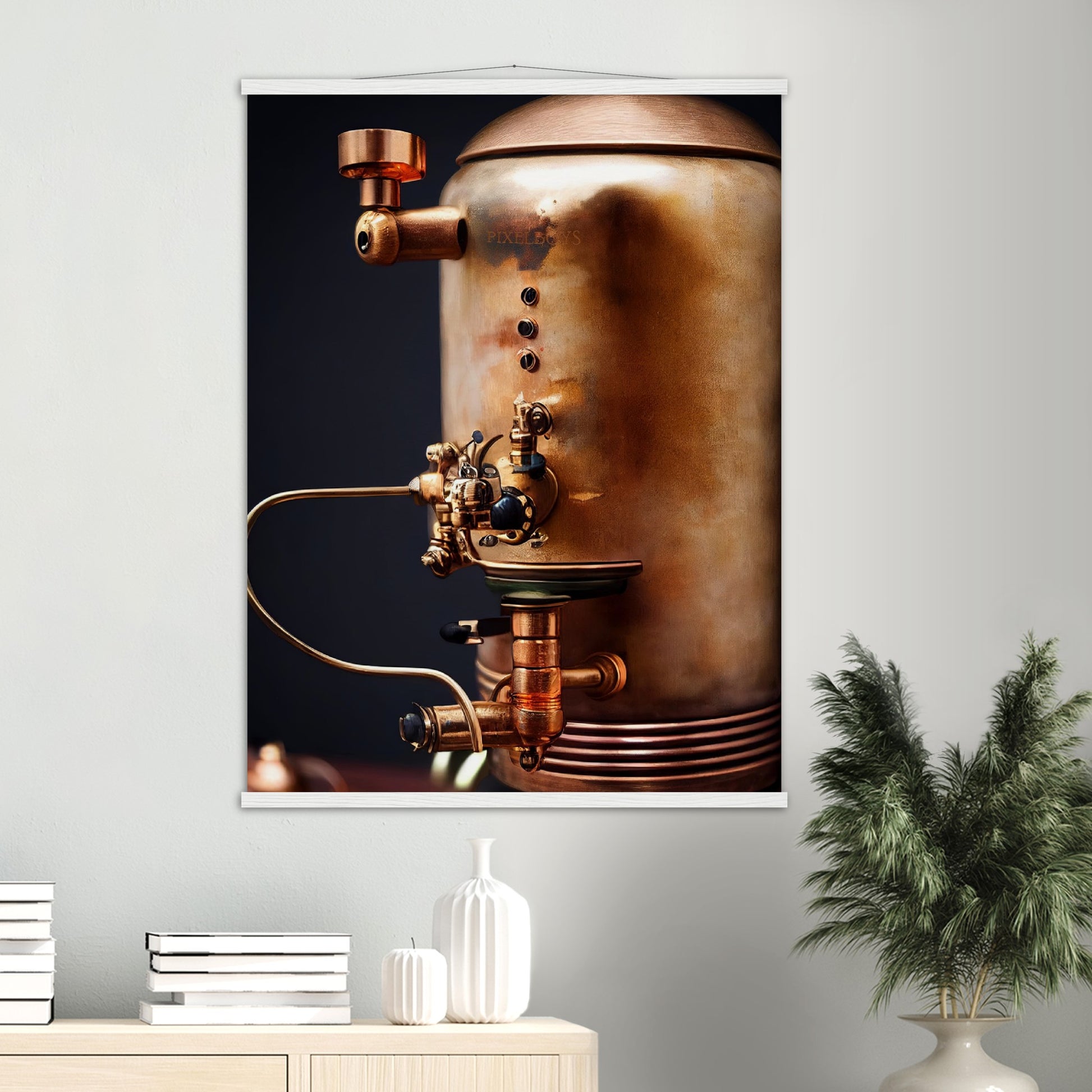 Poster mit Leisten (Holz) - Steampunk - Coffee Maker - No.5 - Collection Cup - Pixelboys - Wandbild - Kunstwerk - Hotelkunst - Kunst auf Postern - Fine Art - Steampunk - Future - Maschine - Poster with frame - Office Poster - Art Brand - Pixelboys - Coffee House - Restaurant Poster - Wall Art - Kunstdruck - Geschenkidee - Kunst auf Acrylglas - Future Coffee Cup - Personalisierbare Tasse - Gastro Tasse - exklusiv - Acryldruck - Gastronomie Poster - Hotelposter - Steam Punk Kitchen -   