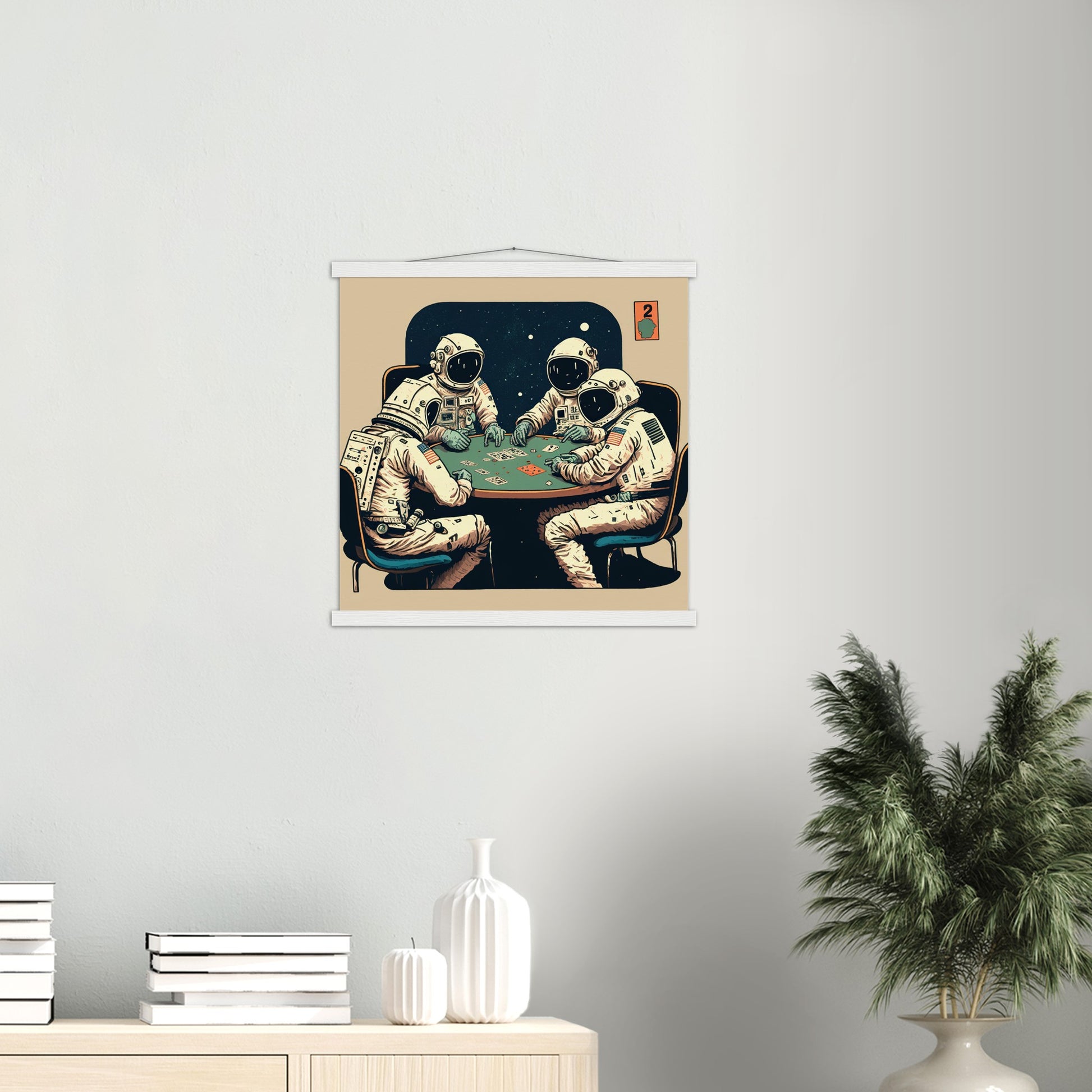 Poster mit Leisten (Holz) in Museumsqualität - Gambling Astronauts - Illustration - Astronaut - Poker - Rocketman - Posterleisten - USA - Fineart - Posterrahmen  - Wandkunst - Holzrahmen - Poster with frame - artwork - art brand - printed cup personalized - Holzleisten - pixelboys - Kunstdrucke - wandbilder - wall art - Kunst auf Tassen  - Office Poster - Gastrotassen - Wanddekoration - Acrylkunst - Geschenkidee - Office Poster - Acryldruck - Abstrakte Kunst -