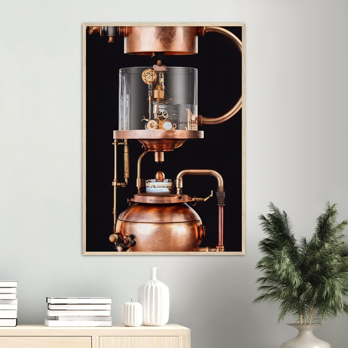 Poster mit Rahmen (Holz) - Steampunk - Coffee Maker - No.6 - Collection Cup - Pixelboys - Wandbild - Kunstwerk - Hotelkunst - Kunst auf Postern - Fine Art - Steampunk - Future - Maschine - Poster with frame - Office Poster - Art Brand - Pixelboys - Coffee House - Restaurant Poster - Wall Art - Kunstdruck - Geschenkidee - Kunst auf Acrylglas - Future Coffee Cup - Personalisierbare Tasse - Gastro Tasse - exklusiv - Acryldruck - Gastronomie Poster - Hotelposter - Teestube - Steam Punk Kitchen -   