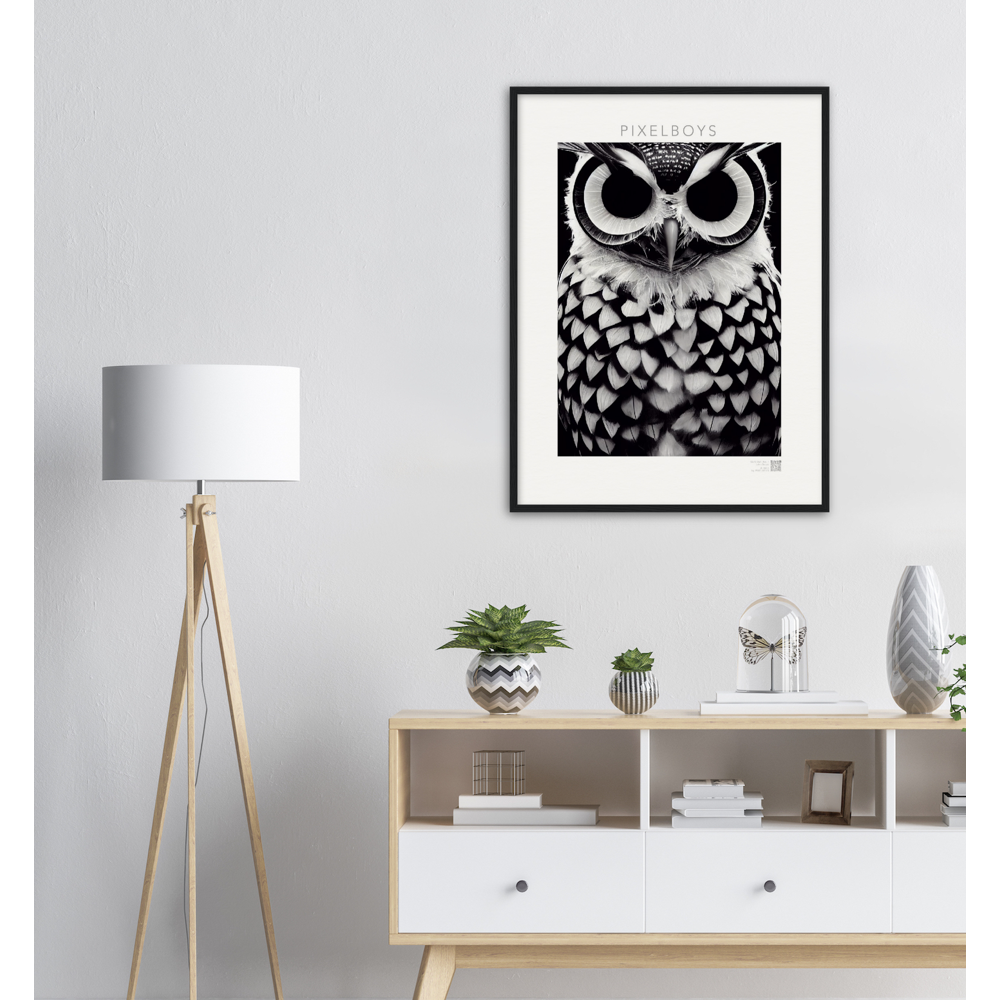 Poster mit Rahmen (Holz) - Museumsqualität - Dark Owl, No. 1 - "Hedwig" - Vogel - Bird - Strigiformes - Noctua - Ornithologie - Kunstwerk - Museumsqualität - Acryldruck - Poster mit Rahmen - Poster mit Leisten - Bedruckte Tassen - Kunst Marke - Art Brand - Pixelboys - Kunstdruck - Wandbild - Kunstdrucke - Papier: 250g/qm - Künstler: John Grayst & Pixelboys - Eulen - Owl-  - Atelier - England - London - Birmingham–Wolverhampton - Manchester - Leeds Bradfort - Liverpool  