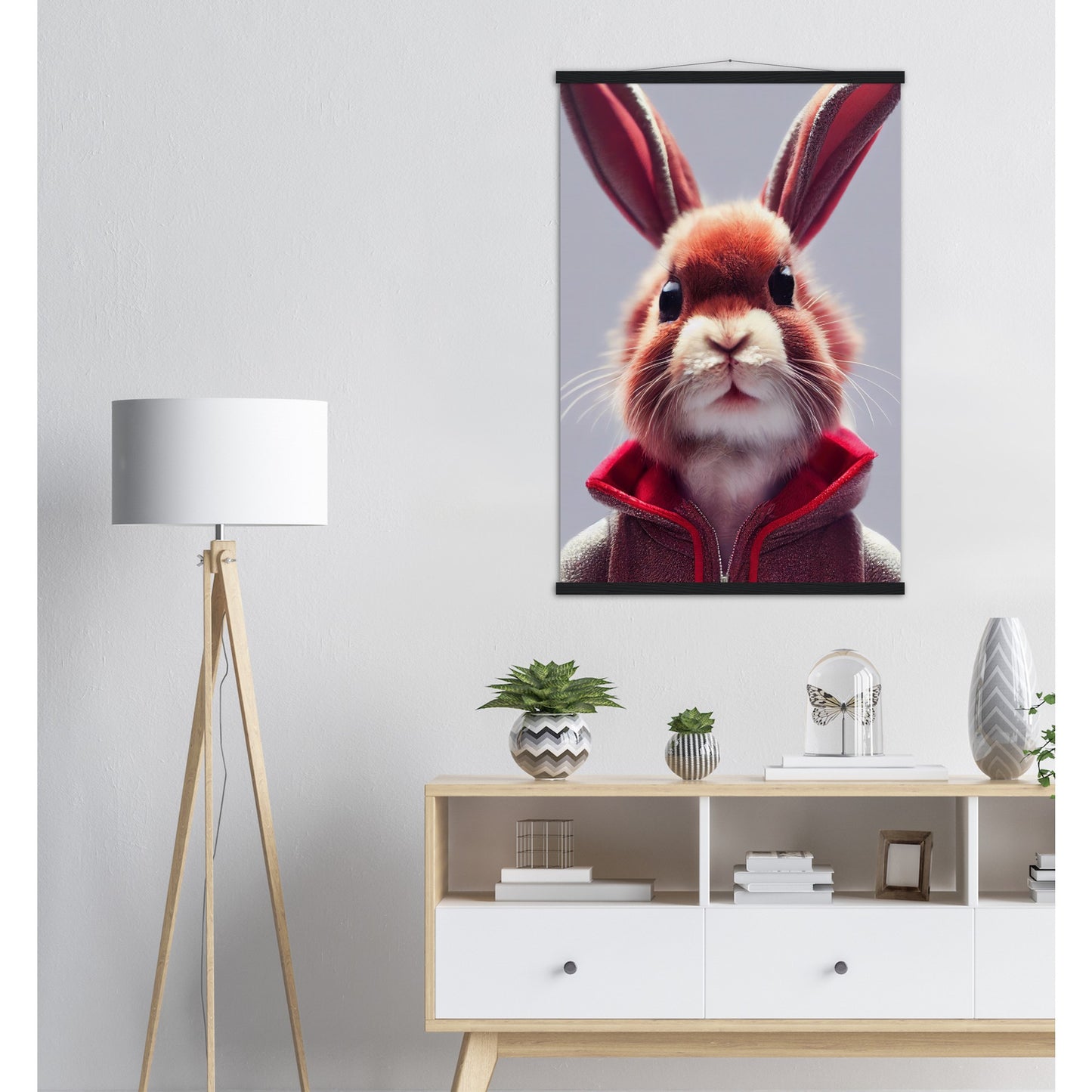 Poster mit Leisten (Holz)- Museumsqualität - Bunny in grey red tracksuit - "Julius" - personalized mug - customized mug - Cute rabbit - Marke:- Pixelboys - Brand - Art Prints - Marke - Wandkunst - Papierstärke: 250g/qm - Wall Art - Bunny crew - Skater Betty - Hasen Gang - Original - Künstler:Pixelboys - Poster with frame - Office Poster - Acrylkunst - Trend - Wandschmuck - Acrylbild - Atelier Canada - 