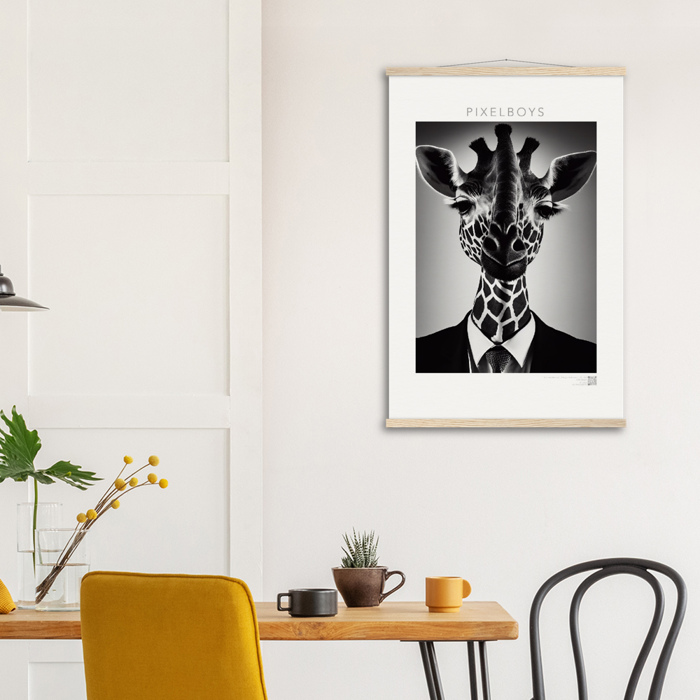 Poster mit Leisten (Holz) - "The giraffe knows" - Business Animals No. 2 "Bridget" - Künstler: "John Grayst" Kunstdruck - Wandbild - Poster - Pixelboys - Atelier - Milano - Berlin - Munich - Madrid - New York - Dubai - Paris - Tokio - Rom - Lisbon - Ottawa - Bern Switzerland - Amsterdam - Seoul - Vancouver - Antwerpen -