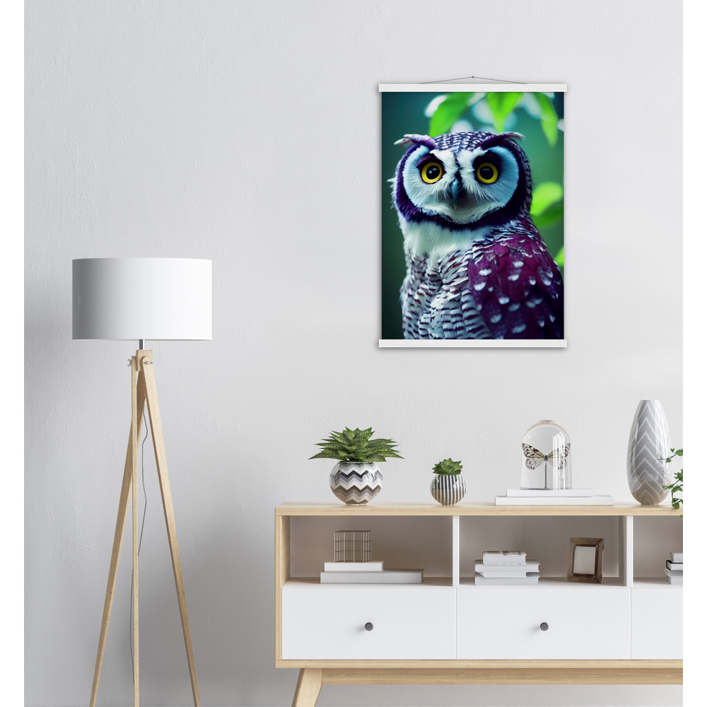 Poster mit Leisten (Holz) - Fruit Owl No.5 - "Sini", the bluberry owl - Wandkunst - Kunstdruck - Heidelbeereule - (lat. bubo vaccinium) - Teebecher - Heidelbeere Eule - Fruchteulen - blueberry owl- Vogel - Uhu - Bird - Strigiformes - Noctua - Ornithologie - Kunstwerk  - Office Poster - Poster mit Rahmen - Kaffee Tasse - Poster mit Leisten - Bedruckte Tassen - Kunst Marke - Art Brand - Acryldruck - Wandbild - Kunstdrucke - Papier: 250g/qm - Künstler: John Grayst & Pixelboys - Eulen - Owl - Geschenkidee - 