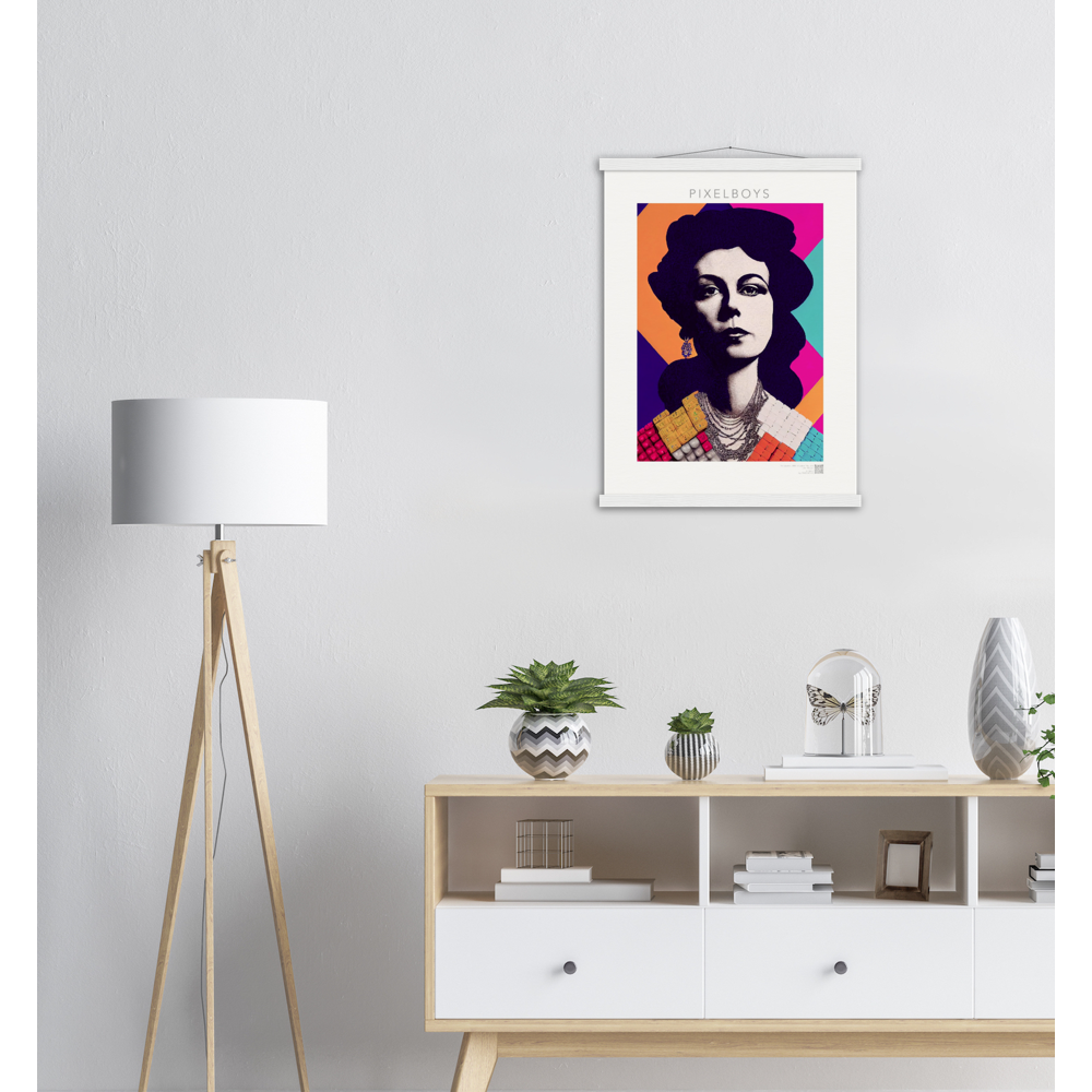  Poster mit Leisten (Holz) - in Museumsqualität - The Queen No.3 - HRH in cubes - Kunstdruck - 250g/qm - Queen Elisabeth II - Monarch - HRH - His/Her Royal Highness - Groß Britannien - Commonwealth - The Royal Family - Wandbild - Kubismus - synthetischen Kubismus - Georges Braque - Künstler: "John Grayst" - Atelier - UK - GB - London - 