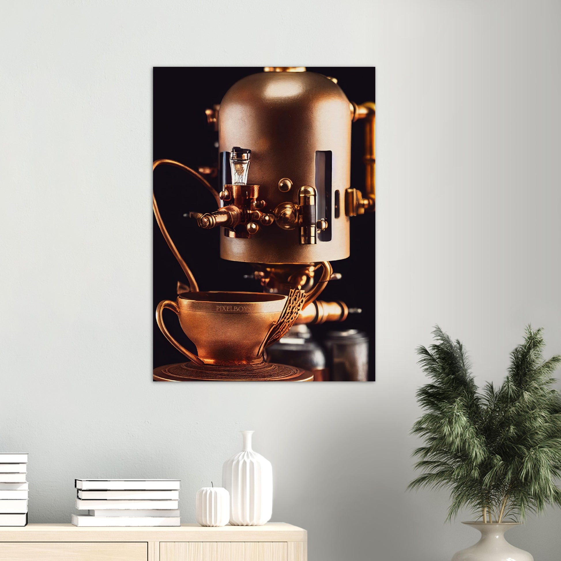 Poster in Museumsqualität - Steampunk - Coffee Maker - No.7 - Collection Cup - Pixelboys - Wandbild - Kunstwerk - Hotelkunst - Kunst auf Postern - Fine Art - Steampunk - Future - Maschine - Poster with frame - Office Poster - Art Brand - Pixelboys - Coffee House - Restaurant Poster - Wall Art - Kunstdruck - Geschenkidee - Kunst auf Acrylglas - Future Coffee Cup - Personalisierbare Tasse - Gastro Tasse - exklusiv - Acryldruck - Gastronomie Poster - Hotelposter - Teestube - Steam Punk Kitchen -   