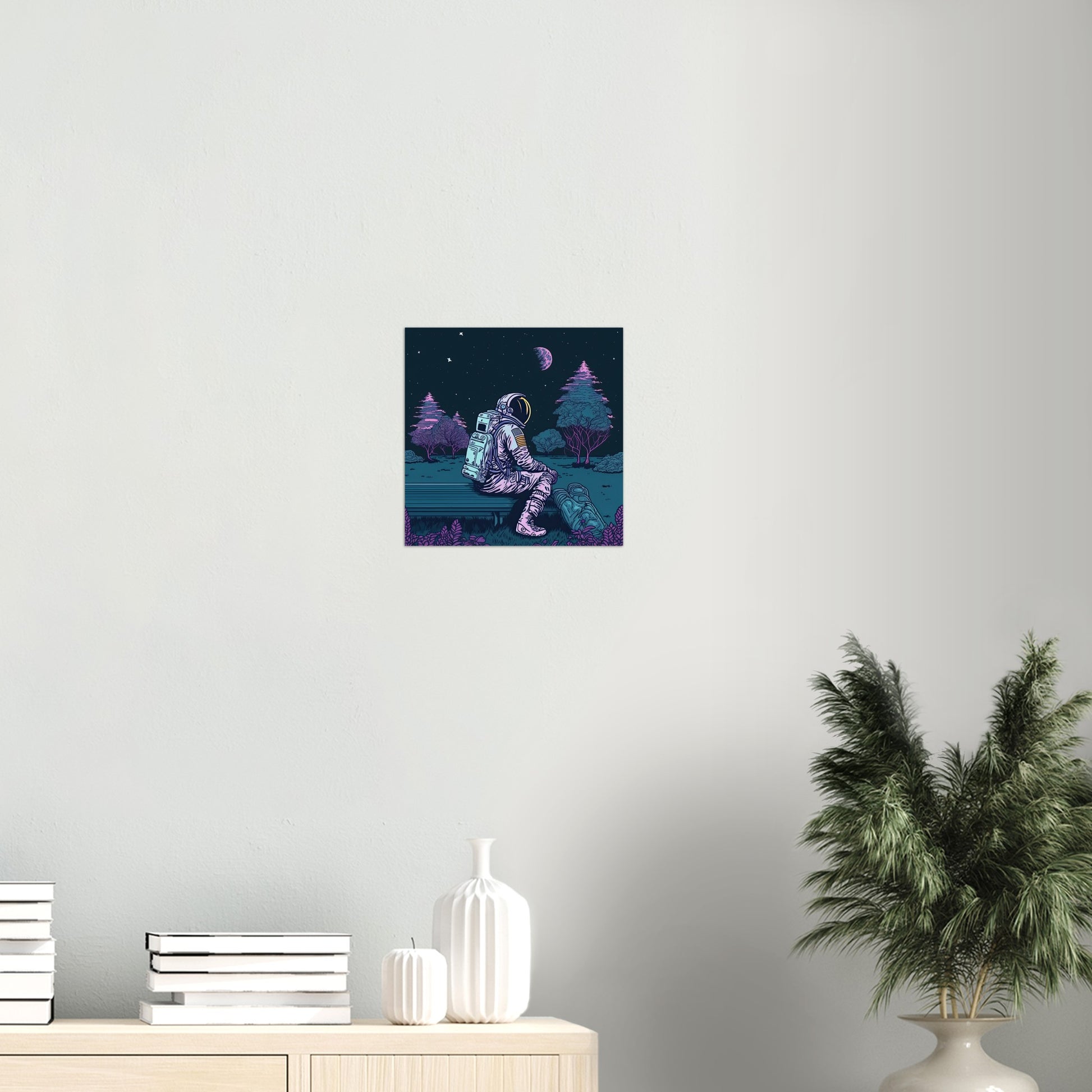 Poster in Museumsqualität - Stargazing Astronaut - John - Illustration - Astronaut - Parkbank - Rocketman - Posterleisten - USA - Fineart - Posterrahmen  - Wandkunst - Holzrahmen - Poster with frame - artwork - art brand - printed cup personalized - Holzleisten - pixelboys - Kunstdrucke - wandbilder - wall art - Kunst auf Tassen  - Office Poster - Gastrotassen - Wanddekoration - Acrylkunst - Geschenkidee - Office Poster - Acryldruck - Abstrakte Kunst -