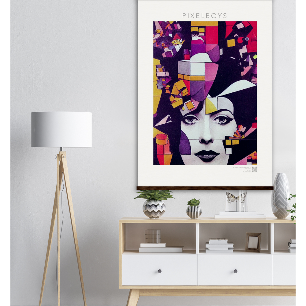 Poster mit Leisten (Holz) - The Queen No.1 - HRH in cubes - Kunstdruck - Queen Elisabeth II - Monarch - HRH - His/Her Royal Highness - Groß Britannien - Commonwealth - The Royal Family - Wandbild - Kubismus - synthetischen Kubismus - Georges Braque - Künstler: "John Grayst" - Atelier - UK - GB - London - 