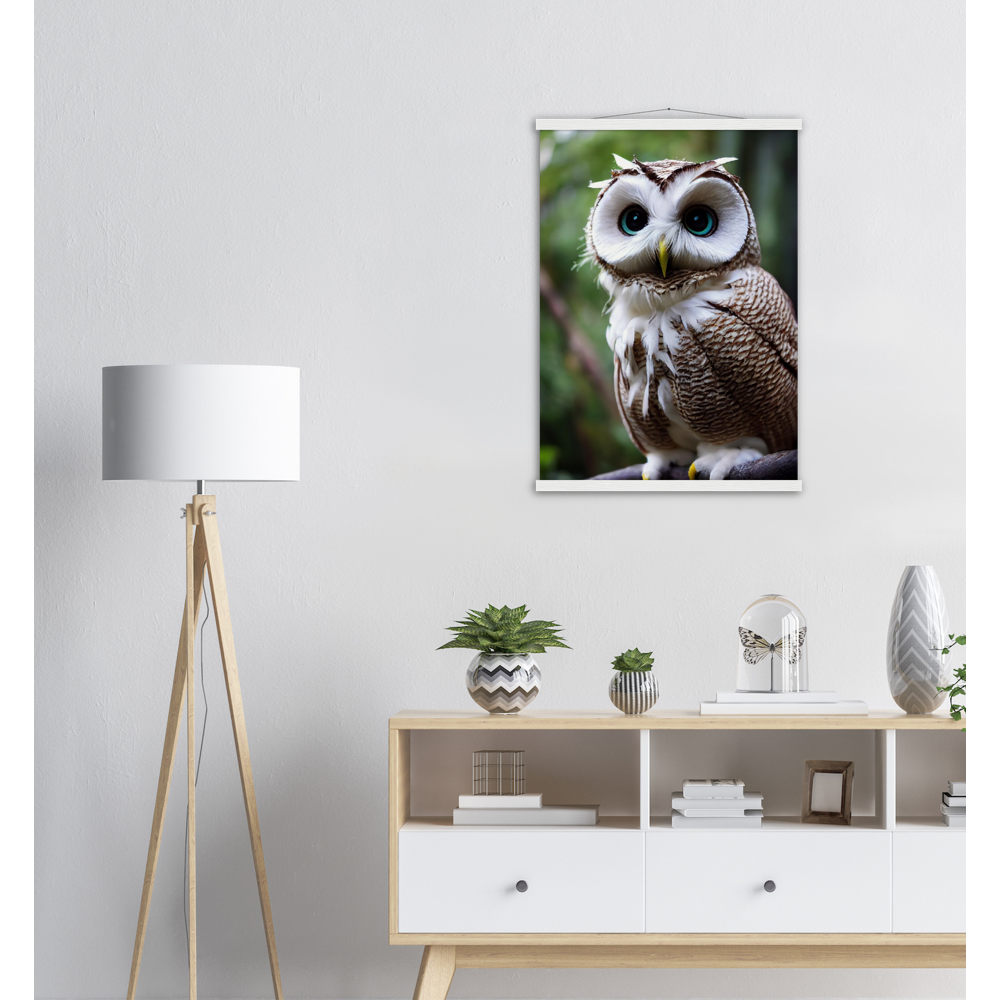 Poster mit Leisten (Holz) - Fruit Owl No.6 - "Cornelius", the coconut owl - Wandkunst - Museumsqualität - Kunstdruck - Kokusnuseule - Kokosnuss-Uhu (lat. bubo vaccinium)  - Acryldruck - Fruchteulen - coconut owl - Vogel - Uhu - Bird - Strigiformes - Noctua - Ornithologie - Kunstwerk  - Office Poster - Poster mit Rahmen - Kaffee Tasse - Poster mit Leisten - Bedruckte Tassen - Kunst Marke - Art Brand - Wandbild - Kunstdrucke - Papier: 250g/qm - Künstler: John Grayst & Pixelboys - Eulen - Owl - Geschenkidee - 