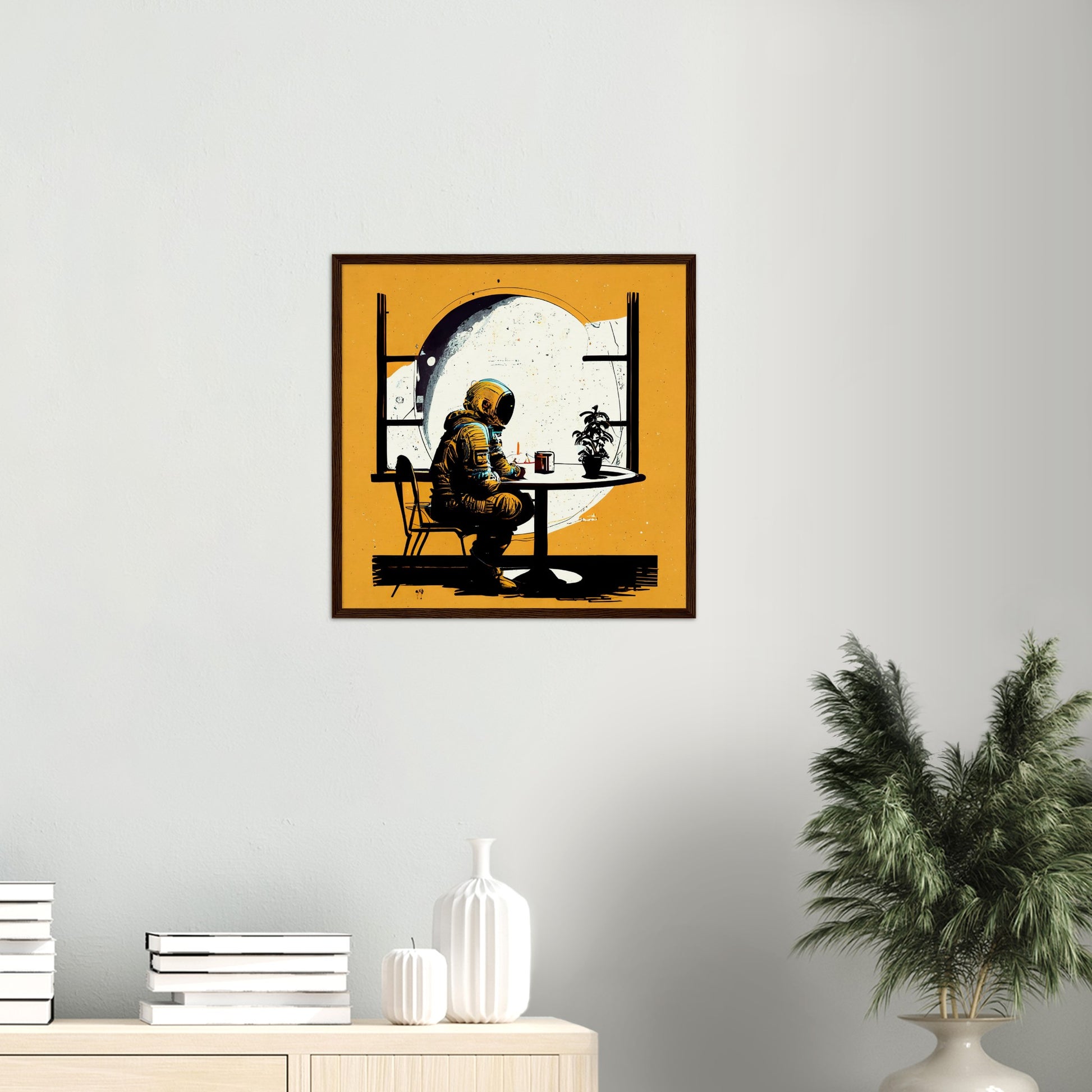 Poster mit Rahmen (Holz) in Museumsqualität - The waiting Astronaut - Michael - Illustration - Astronaut - Waiting - Posterleisten - USA - Fineart - Posterrahmen  - Wandkunst - Holzrahmen - Poster with frame - people of color - artwork - art brand - printed cup personalized - Holzleisten - pixelboys - Kunstdrucke - wandbilder - wall art - Kunst auf Tassen  - Office Poster - Gastrotassen - Wanddekoration - Acrylkunst - Geschenkidee - Office Poster - Acryldruck - Abstrakte Kunst -