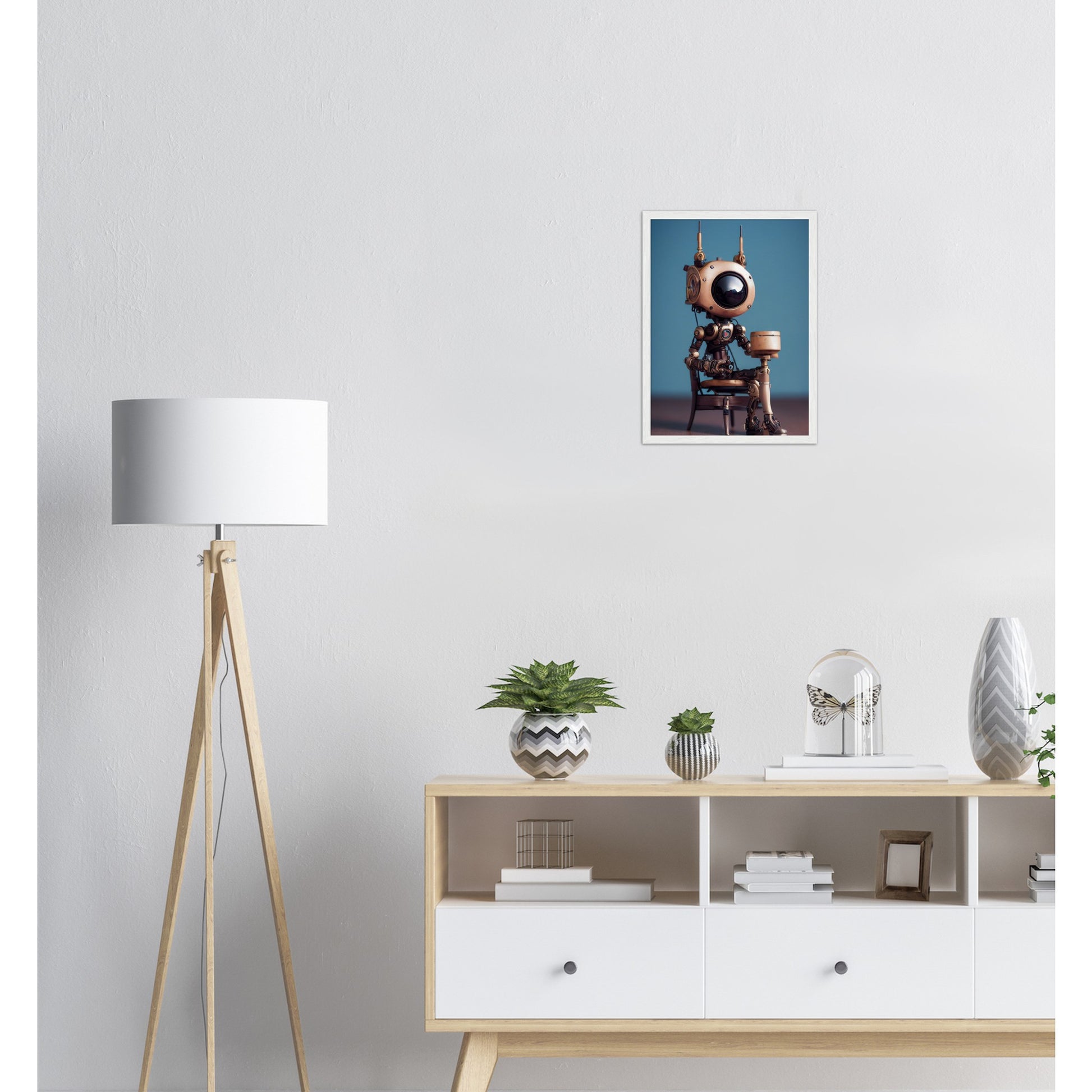 Poster mit Rahmen (Holz) in Museumsqualität - Tiny robot with a present - "Tiny Sam" - Wandbild - Customizable Coffee Cup - Personalized Gifts - Kunstdruck - Roboter mit Geschenk - Steampunk - Acryldruck - Present Robots - Personalized Gifts - Poster with frame - nr.5 lebt - zukunft - Kunstwerk - Office Poster - Poster mit Rahmen - Kaffee Tasse  - Bedruckte Tassen - Kunst Marke - Art Brand - Wandbild - Kunstdrucke - Künstler: John Grayst & Pixelboys - emotional robots - Geschenkidee -