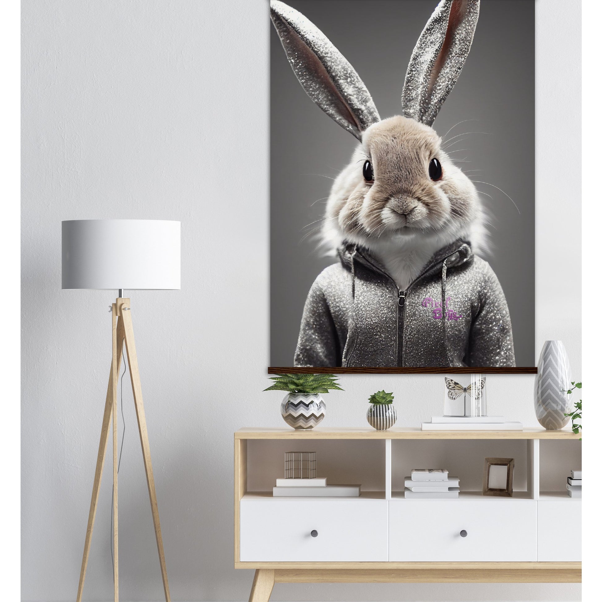 Poster mit Leisten (Holz) - in Museumsqualität - Bunny in grey tracksuit - "Cleo" - Cute - Marke:Pixelboys - Brand - Art Prints - Marke - Wandkunst - Papierstärke: 250g/qm - Wall Art - Bunny crey - Skater Betty - Hasen Gang - Original - Künstler:Pixelboys - Poster with frame - Office Poster - Trend - Wandschmuck - Atelier USA - 