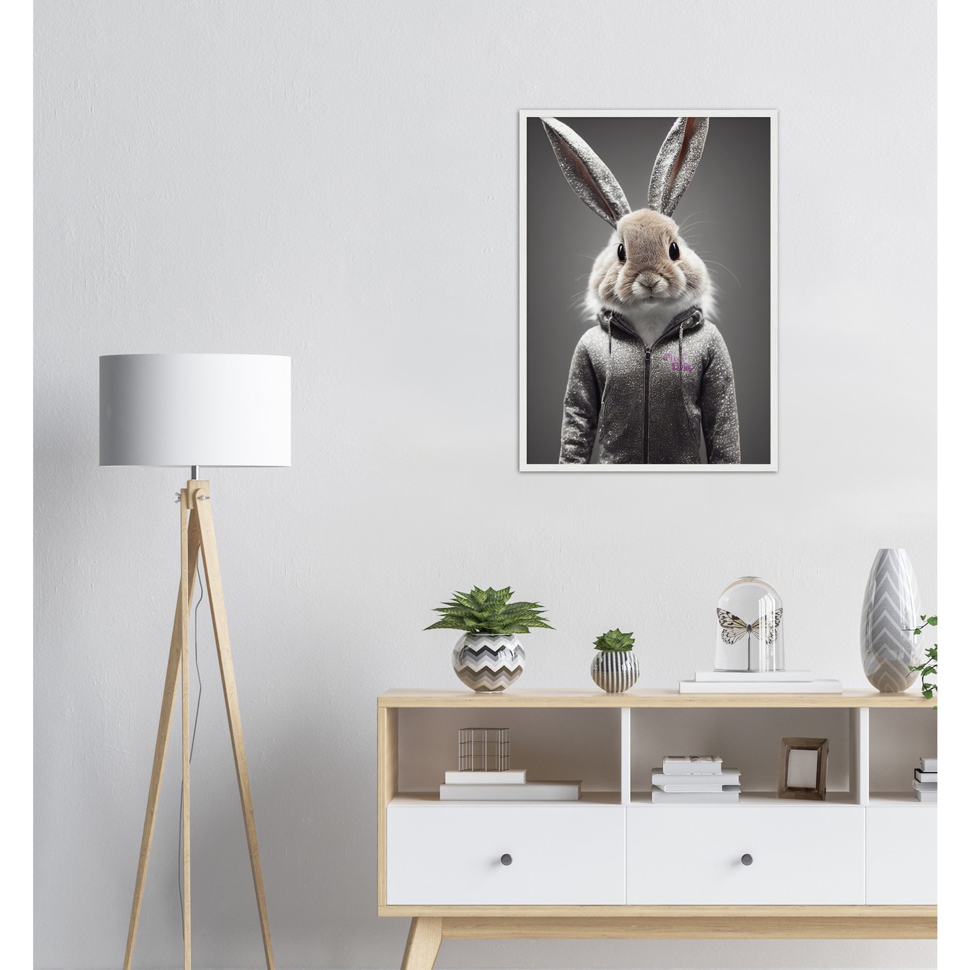 Poster mit Rahmen (Holz) - in Museumsqualität - Bunny in grey tracksuit - "Cleo" - Cute - Marke:Pixelboys - Brand - Art Prints - Marke - Wandkunst - Papierstärke: 250g/qm - Wall Art - Bunny crey - Skater Betty - Hasen Gang - Original - Künstler:Pixelboys - Poster with frame - Office Poster - Trend - Wandschmuck - Atelier USA - 