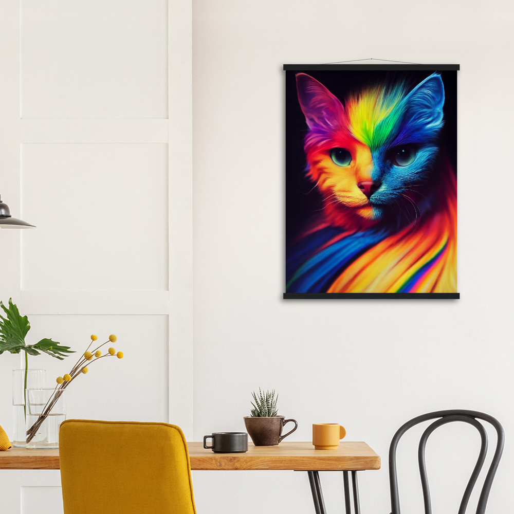 Poster Set mit Leisten aus Holz - Farbenfrohe Regenbogen Katze "Kitty" - Pride Bewegung Maskottchen -