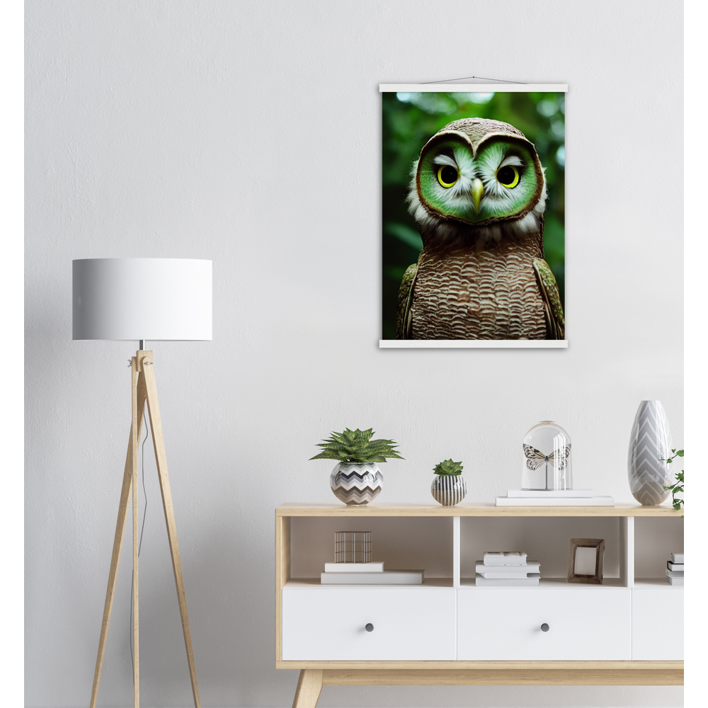 Poster mit Leisten (Holz) - Fruit Owl No. 4 - "Kiki", the Kiwi Owl - Wandkunst - Kunstdruck - (lat. tyto actinidia) - Kiwi Eule - Kiwi Owl - Fruchteulen - Vogel - Bird - Strigiformes - Noctua - Ornithologie - Kunstwerk  - Office Poster - Poster mit Rahmen - Kaffee Tasse - Poster mit Leisten - Bedruckte Tassen - Kunst Marke - Art Brand - Acryldruck - Wandbild - Kunstdrucke - Papier: 250g/qm - Künstler: John Grayst & Pixelboys - Eulen - Owl - Geschenkidee - 