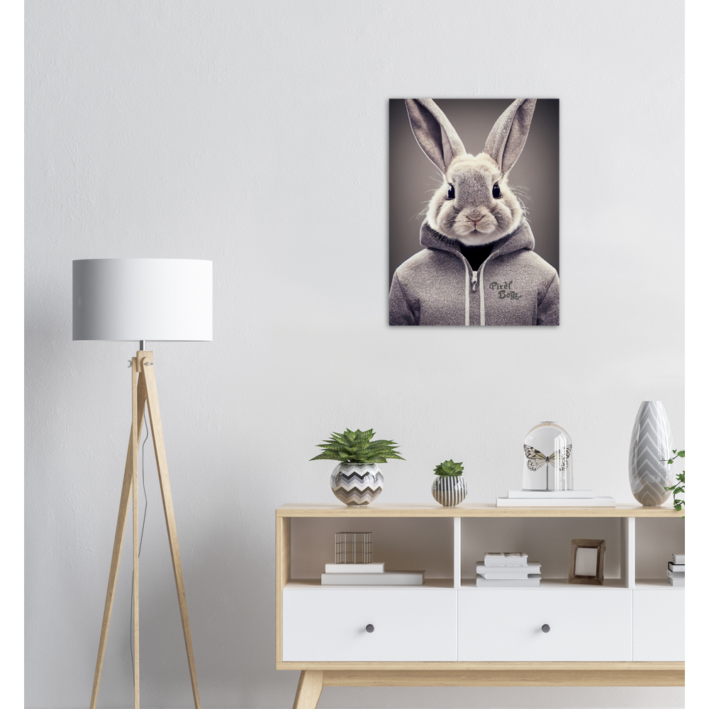 Poster in Museumsqualität - Bunny in grey Hoodie - "Constantin" - Fashion Gang - Wandbild - Ostern - Geschenkidee - Osterhase - Bunny Crew: "Constantin" - "Caesar" - "Titus" - "Cleo" - Weisser Hase - Easter Bunny - Cute - grey Hoodie - sweats - Alice's Adventures in Wonderland - Modemarke - Pixelboys Brand - Constantin der Hase - Hase - Kaninchen  - Künstler: "Pixelboys" - Atelier - Germany - Berlin - Hamburg - Colgne - France - Paris - Italy - Rom - USA - America - New York City - Los Angeles - Chicago - 