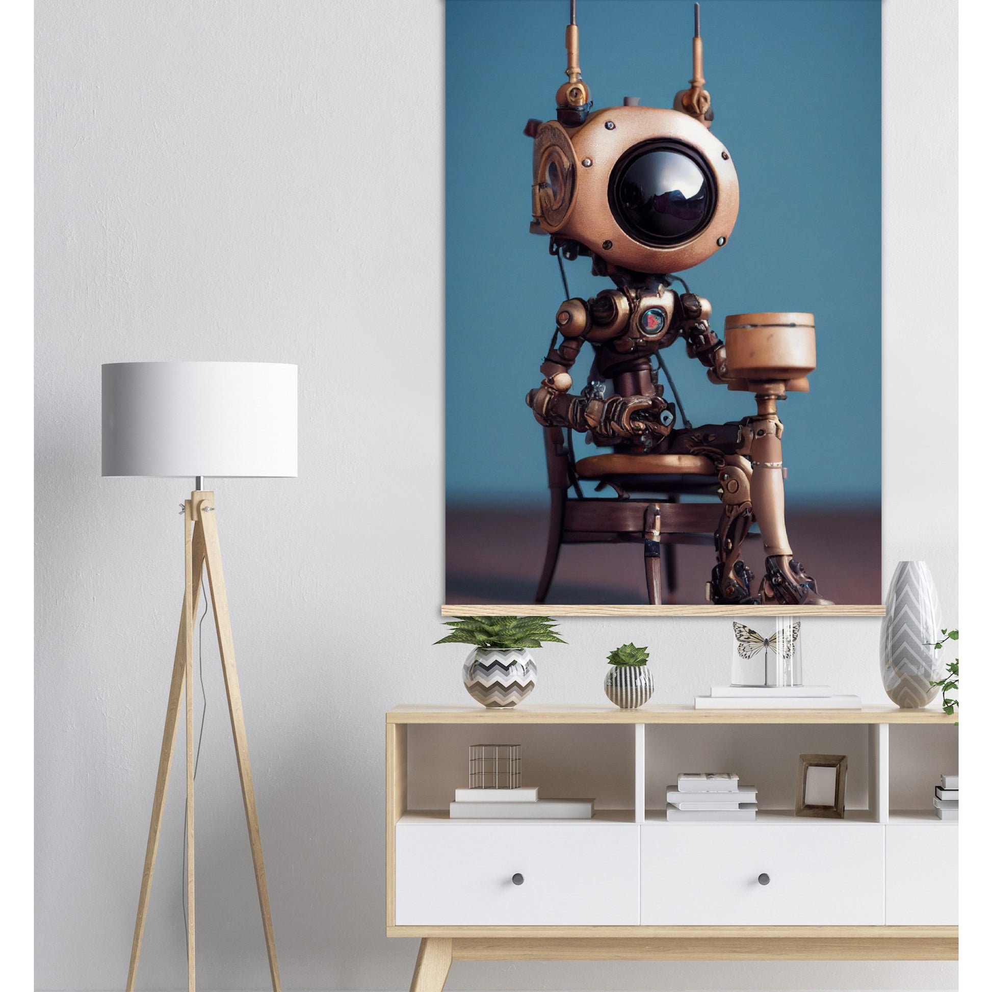 Poster mit Leisten (Holz) in Museumsqualität - Tiny robot with a present - "Tiny Sam" - Wandbild - Customizable Coffee Cup - Personalized Gifts - Kunstdruck - Roboter mit Geschenk - Steampunk - Acryldruck - Present Robots - Personalized Gifts - Poster with frame - nr.5 lebt - zukunft - Kunstwerk - Office Poster - Poster mit Rahmen - Kaffee Tasse  - Bedruckte Tassen - Kunst Marke - Art Brand - Wandbild - Kunstdrucke - Künstler: John Grayst & Pixelboys - emotional robots - Geschenkidee - Wall Art -