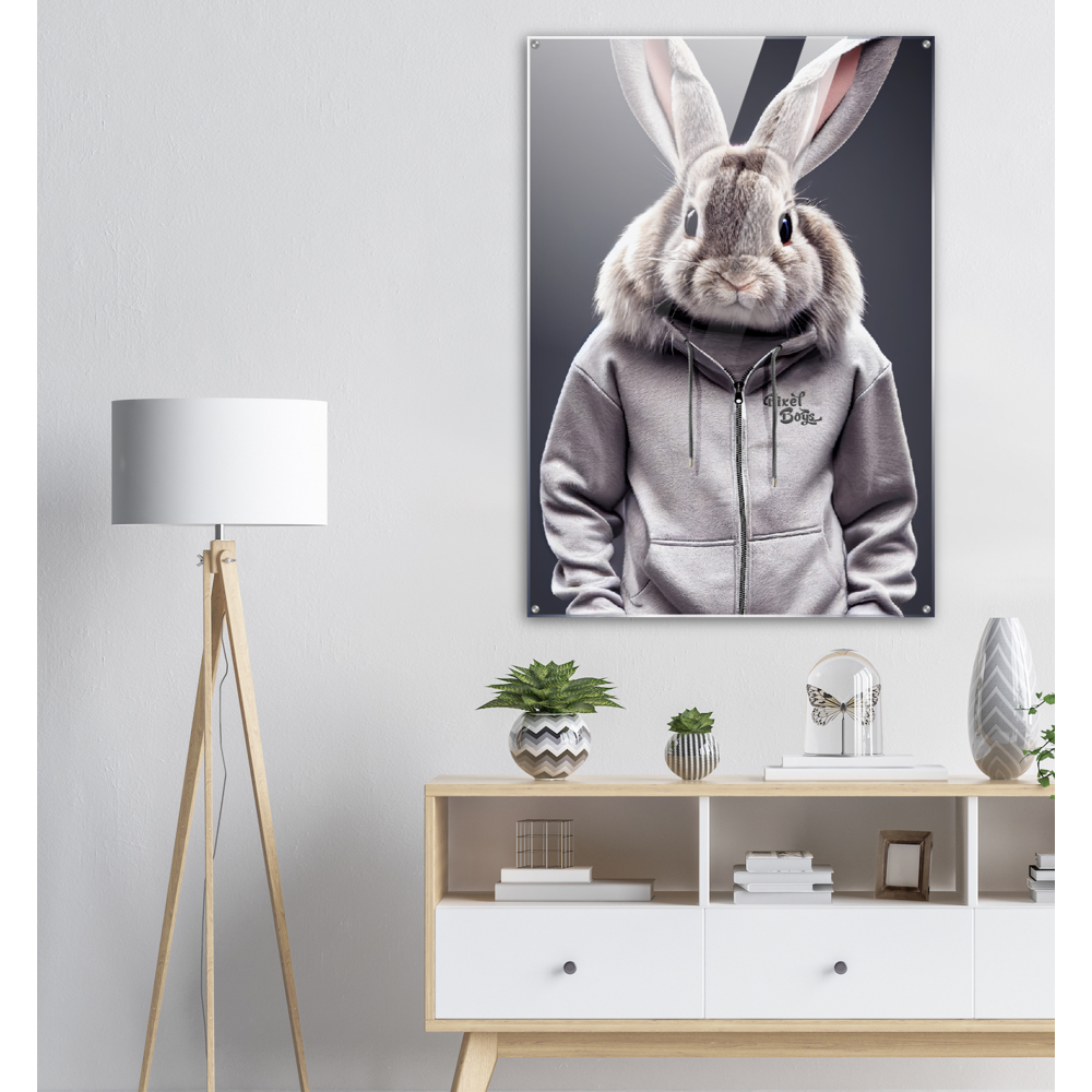 Acrylbild - Bunny in grey Tracksuit - "Titus" - Fashion Gang - Acryldruck - Ostern - Geschenkidee - Osterhase - Bunny Crew: "Titus" - "Caesar" - "Constantin" - "Cleo" - Weisser Hase - Easter Bunny - Cute - grey tracksuit - sweats - Alice's Adventures in Wonderland - Modemarke - Pixelboys Brand - Constantin der Hase - Hase - Kaninchen  - Künstler: "Pixelboys" - Atelier - Germany - Berlin - Hamburg - Colgne - France - Paris - Italy - Rom - USA - America - New York City - Los Angeles - Chicago - 