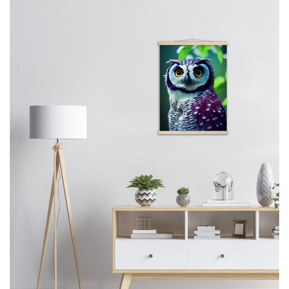 Poster mit Leisten (Holz) - Fruit Owl No.5 - "Sini", the bluberry owl - Wandkunst - Kunstdruck - Heidelbeereule - (lat. bubo vaccinium) - Teebecher - Heidelbeere Eule - Fruchteulen - blueberry owl- Vogel - Uhu - Bird - Strigiformes - Noctua - Ornithologie - Kunstwerk  - Office Poster - Poster mit Rahmen - Kaffee Tasse - Poster mit Leisten - Bedruckte Tassen - Kunst Marke - Art Brand - Acryldruck - Wandbild - Kunstdrucke - Papier: 250g/qm - Künstler: John Grayst & Pixelboys - Eulen - Owl - Geschenkidee - 