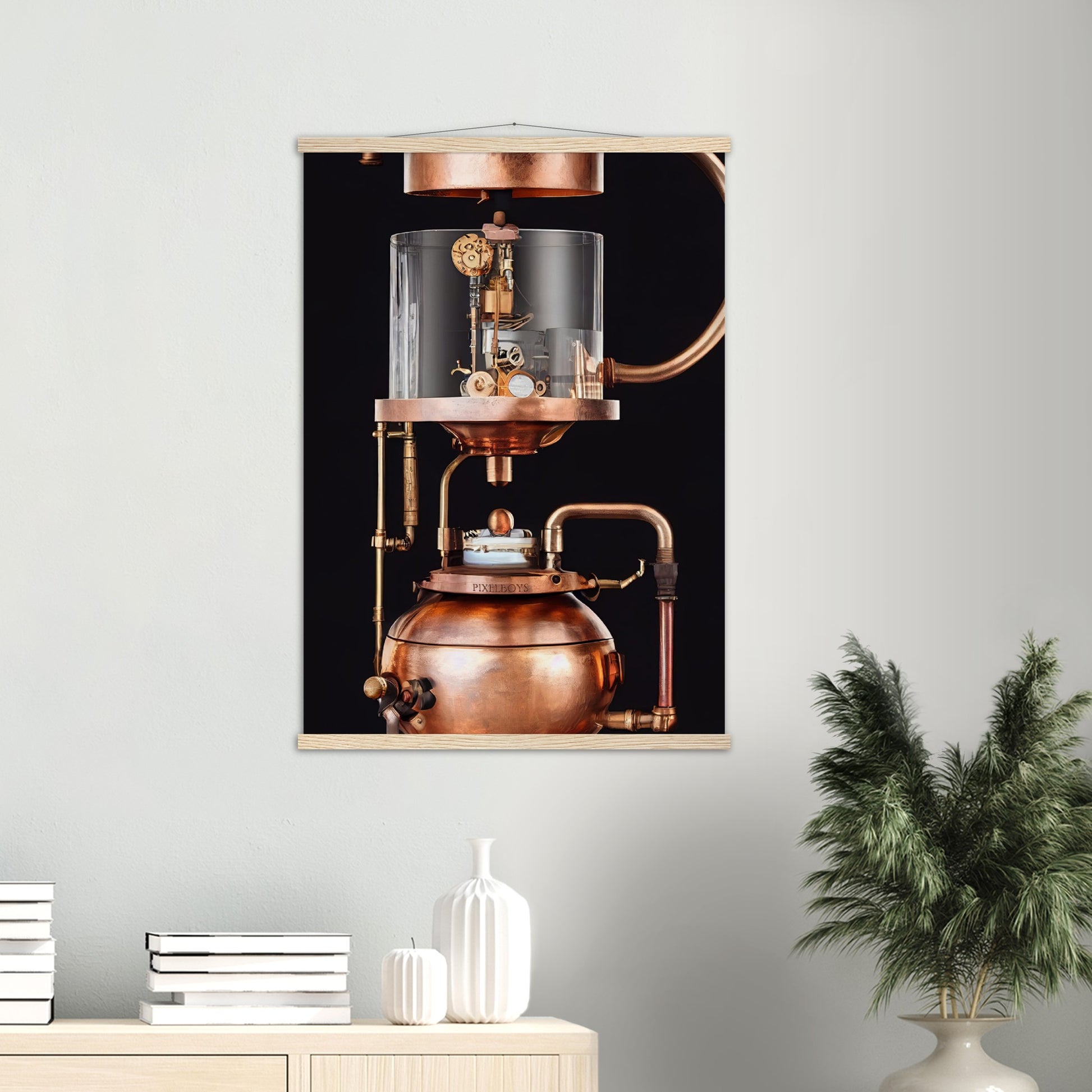 Poster mit Leisten (Holz) - Steampunk - Coffee Maker - No.6 - Collection Cup - Pixelboys - Wandbild - Kunstwerk - Hotelkunst - Kunst auf Postern - Fine Art - Steampunk - Future - Maschine - Poster with frame - Office Poster - Art Brand - Pixelboys - Coffee House - Restaurant Poster - Wall Art - Kunstdruck - Geschenkidee - Kunst auf Acrylglas - Future Coffee Cup - Personalisierbare Tasse - Gastro Tasse - exklusiv - Acryldruck - Gastronomie Poster - Hotelposter - Teestube - Steam Punk Kitchen -   