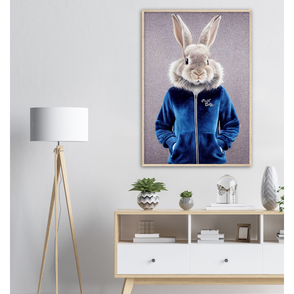 Poster mit Rahmen (Holz) - Bunny in blue Tracksuit - "Caesar" - Gang - Wandbild - Ostern - Geschenkidee - Osterhase - Bunny Crew: "Caesar" - "Constantin" - "Titus" - "Cleo" - Weisser Hase - Easter Bunny - Cute - blue Tracksuit - sweats - Gang - Modemarke -Pixelboys Brand - Caesar der Hase - Meister Lampe - Hase - Kaninchen - Karnickel - Stallhase - Künstler: "Pixelboys" - Atelier - Germany - Berlin - France - Paris - Italy - Rom - USA - America - New York City - Los Angeles - Chicago - Houston 