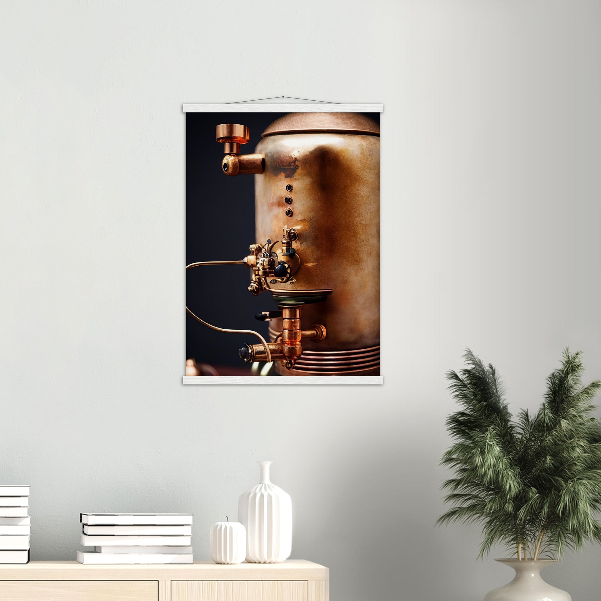 Poster mit Leisten (Holz) - Steampunk - Coffee Maker - No.5 - Collection Cup - Pixelboys - Wandbild - Kunstwerk - Hotelkunst - Kunst auf Postern - Fine Art - Steampunk - Future - Maschine - Poster with frame - Office Poster - Art Brand - Pixelboys - Coffee House - Restaurant Poster - Wall Art - Kunstdruck - Geschenkidee - Kunst auf Acrylglas - Future Coffee Cup - Personalisierbare Tasse - Gastro Tasse - exklusiv - Acryldruck - Gastronomie Poster - Hotelposter - Steam Punk Kitchen -   