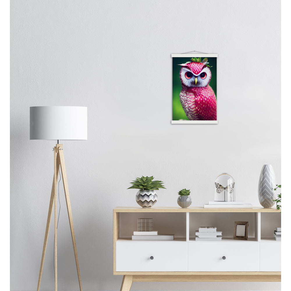 Poster mit Leisten (Holz) - Fruit Owl No. 2 - "Berry", the Strawberry Owl - Serie Fruit Owls - Wandkunst - Kunstdruck - (fiktiv: lat.  Pulsatrix Fragaria) - Erdbeere - Schleiereulen - Fruchteulen - Vogel - Bird - Strigiformes - Noctua - Ornithologie - Kunstwerk  - Office Poster - Poster mit Rahmen - Kaffee Tasse - Poster mit Leisten - Bedruckte Tassen - Kunst Marke - Art Brand - Acrylbild - Wandbild - Kunstdrucke - Papier: 250g/qm - Künstler: John Grayst & Pixelboys - Eulen - Owl - Geschenkidee - 