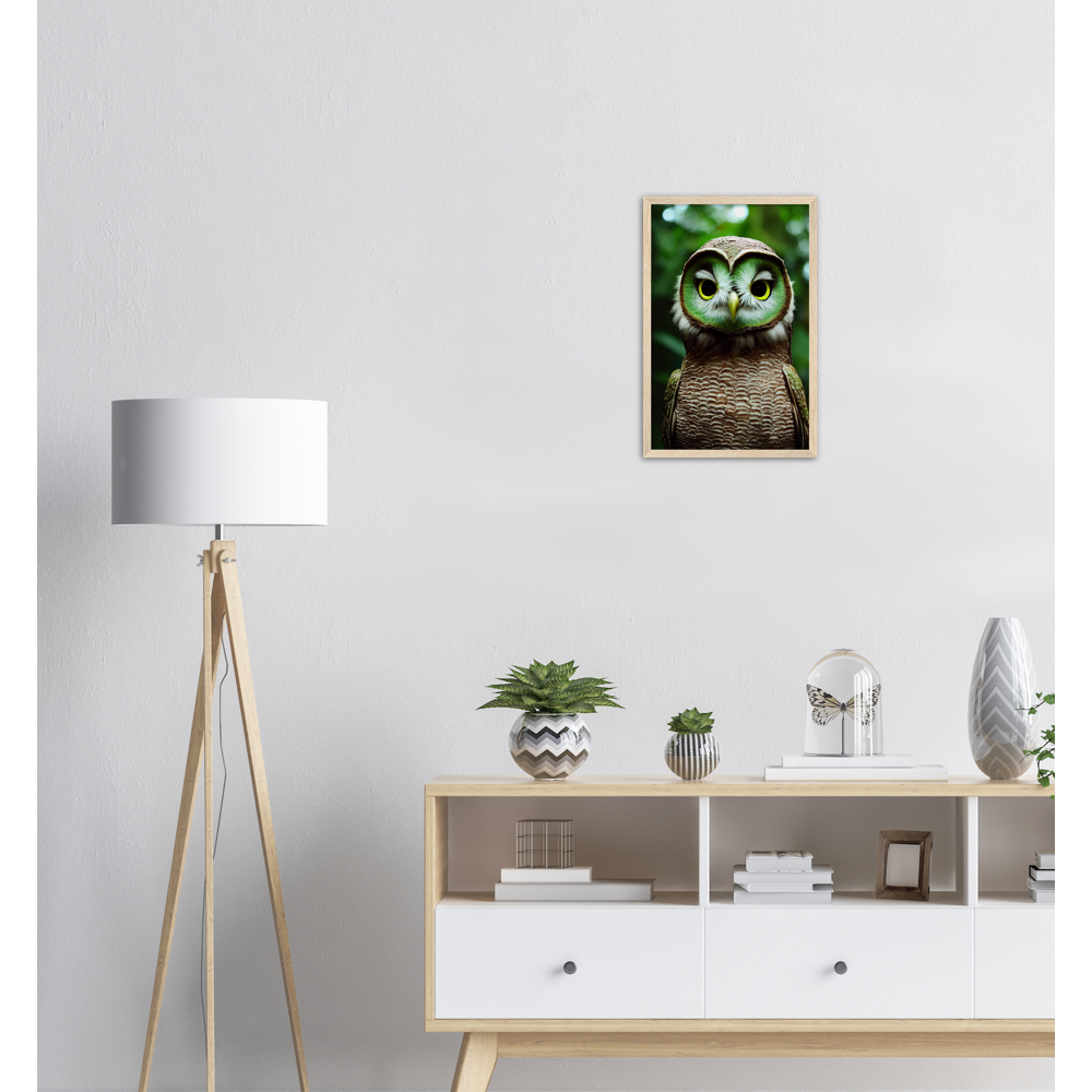 Poster mit Rahmen - Fruit Owl No. 4 - "Kiki", the Kiwi Owl - Wandkunst - Kunstdruck - (lat. tyto actinidia) - Kiwi Eule - Kiwi Owl - Fruchteulen - Vogel - Bird - Strigiformes - Noctua - Ornithologie - Kunstwerk  - Office Poster - Poster mit Rahmen - Kaffee Tasse - Poster mit Leisten - Bedruckte Tassen - Kunst Marke - Art Brand - Acryldruck - Wandbild - Kunstdrucke - Papier: 250g/qm - Künstler: John Grayst & Pixelboys - Eulen - Owl - Geschenkidee - 