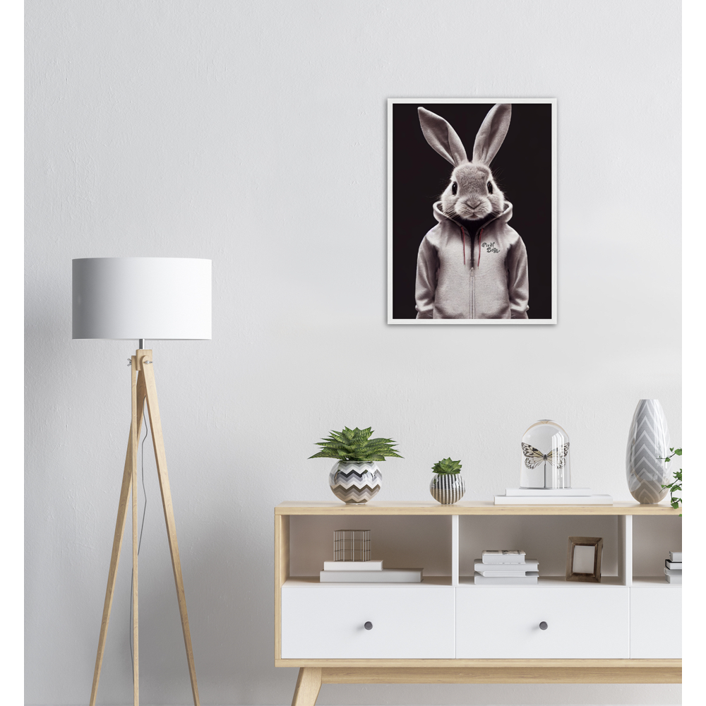 Poster mit Rahmen (Holz) - Bunny in grey tracksuit - Fashion Gang - Wandbild - Ostern - Geschenkidee - Osterhase - Bunny Crew: "Valerian" - "Caesar" - "Constantin" - "Cleo"-Titus - Weisser Hase - Easter Bunny - Cute - grey tracksuit - sweats - Alice's Adventures in Wonderland - Modemarke - Pixelboys Brand - Valerian der Hase - Kaninchen  - Künstler: "Pixelboys" - Atelier - Germany - Berlin - Hamburg - Colgne - France - Paris - Italy - Rom - USA - America - New York City - Los Angeles - Chicago - 