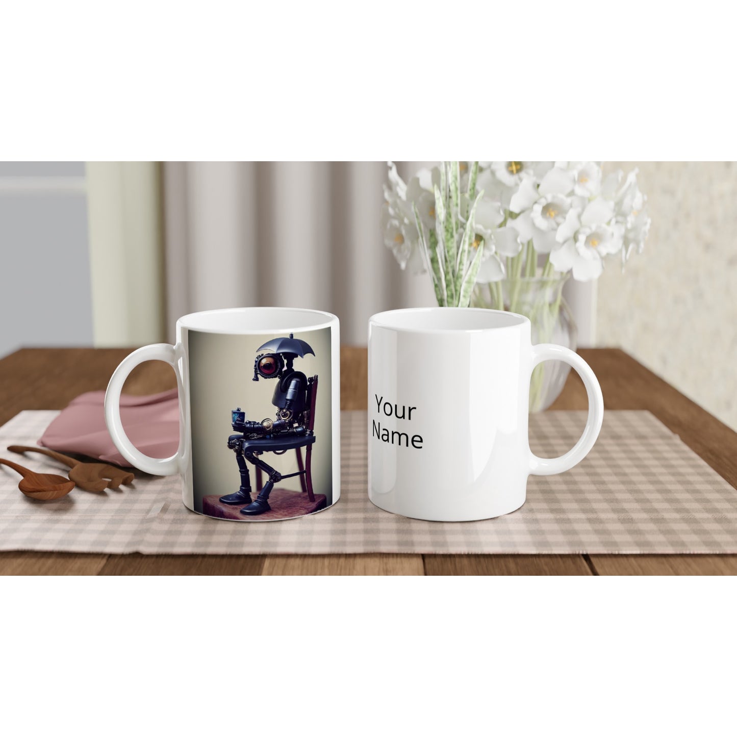 Personalisierte Tasse - Tiny robot with an umbrella "Louis" - Regenschirm - Acryldruck - Wandkunst - Customizable Coffee Cup - Personalized Gifts - Kunstdruck - Kleine Roboter - Acryldruck - Little Robots - Personalized Gifts - Tiny  - Steampunk - zukunft - Poster with frame - Kunstwerk - Office Poster - Poster mit Rahmen - Kaffee Tasse - Poster - Bedruckte Tassen - Kunst Marke - Art Brand - Kunstdrucke - Künstler: John Grayst & Pixelboys - emotional robots - Geschenkidee -