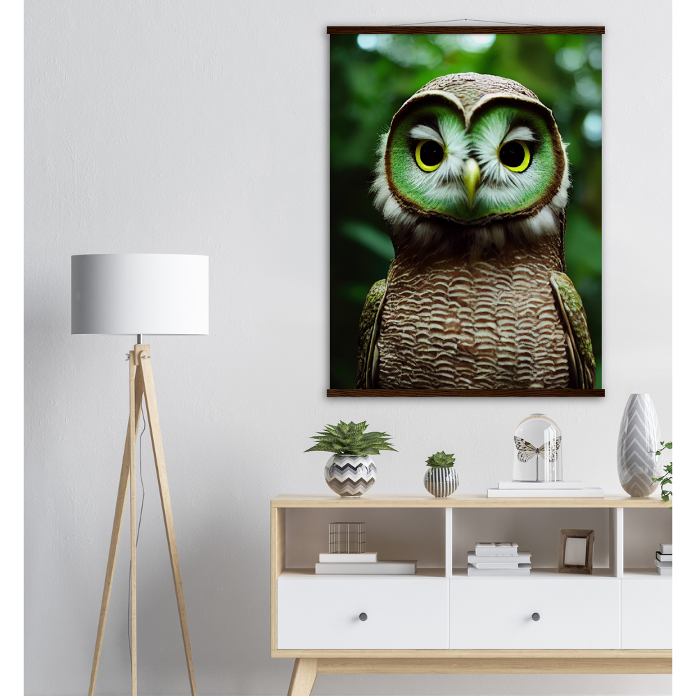 Poster mit Leisten (Holz) - Fruit Owl No. 4 - "Kiki", the Kiwi Owl - Wandkunst - Kunstdruck - (lat. tyto actinidia) - Kiwi Eule - Kiwi Owl - Fruchteulen - Vogel - Bird - Strigiformes - Noctua - Ornithologie - Kunstwerk  - Office Poster - Poster mit Rahmen - Kaffee Tasse - Poster mit Leisten - Bedruckte Tassen - Kunst Marke - Art Brand - Acryldruck - Wandbild - Kunstdrucke - Papier: 250g/qm - Künstler: John Grayst & Pixelboys - Eulen - Owl - Geschenkidee - 