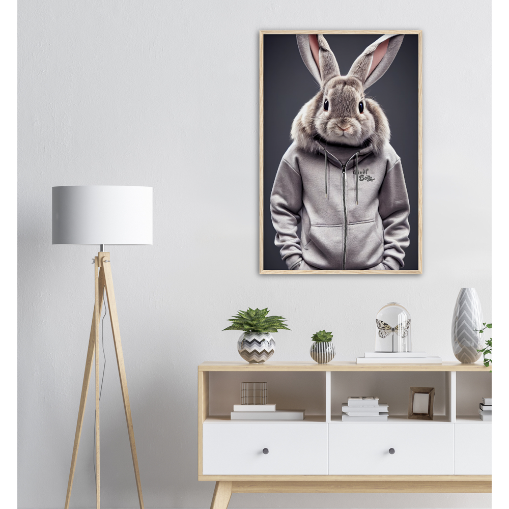 Poster mit Rahmen (Holz) - Bunny in grey Tracksuit - "Titus" - Fashion Gang - Wandbild - Ostern - Geschenkidee - Osterhase - Bunny Crew: "Titus" - "Caesar" - "Constantin" - "Cleo" - Weisser Hase - Easter Bunny - Cute - grey tracksuit - sweats - Alice's Adventures in Wonderland - Modemarke - Pixelboys Brand - Titus der Hase - Hase - Kaninchen  - Künstler: "Pixelboys" - Atelier - Germany - Berlin - Hamburg - Colgne - France - Paris - Italy - Rom - USA - America - New York City - Los Angeles - Chicago - 