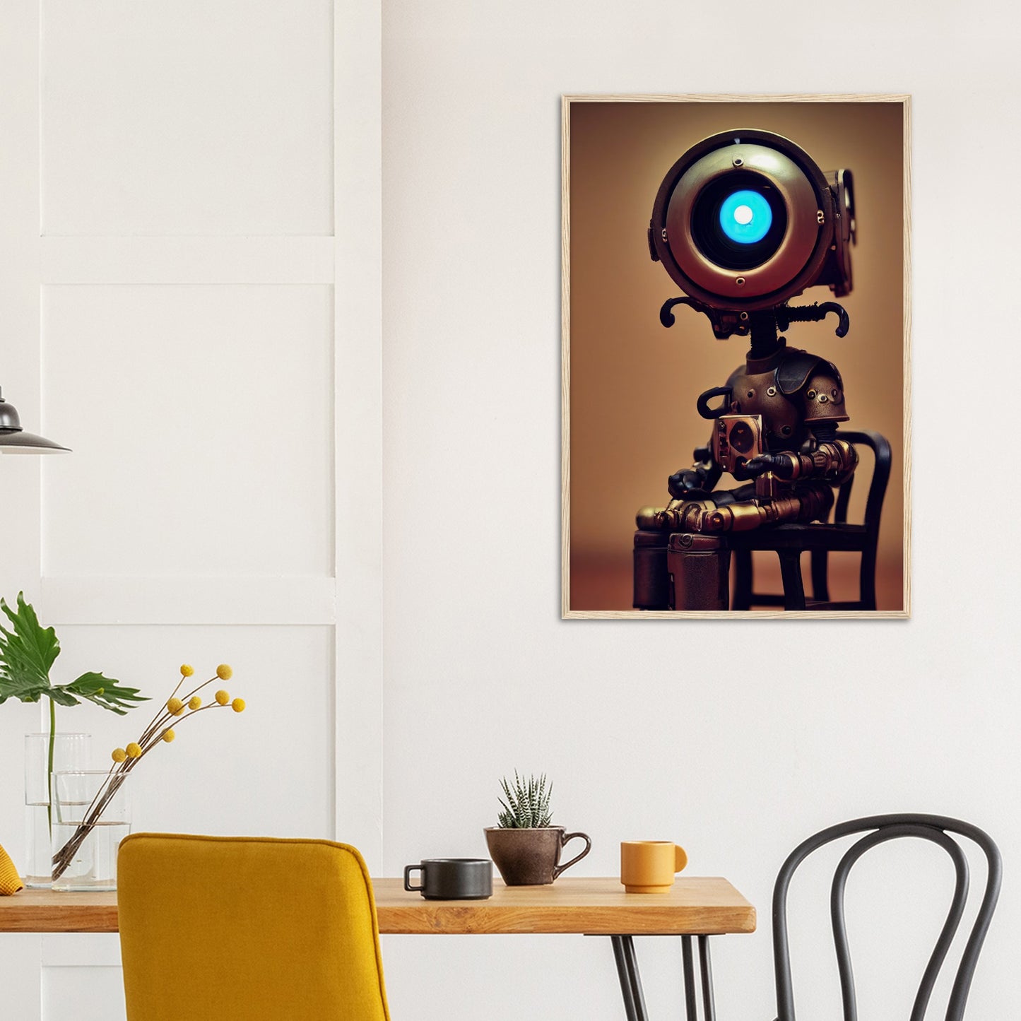 Poster mit Rahmen (Holz) - Museumsqualität -  Tiny robot with coffee - "Bobby" - Wandkunst - Papierdicke: 250g/qm - Customizable Coffee Cup - Personalized Gifts - Kunstdruck - Kleine Roboter - Acryldruck - Little Robots - Personalized Gifts - Tiny  - Steampunk - zukunft - Poster with frame - Kunstwerk - Office Poster - Poster mit Rahmen - Kaffee Tasse - Poster - Bedruckte Tassen - Kunst Marke - Art Brand - Wandbild - Kunstdrucke - Künstler: John Grayst & Pixelboys - emotional robots - Geschenkidee -