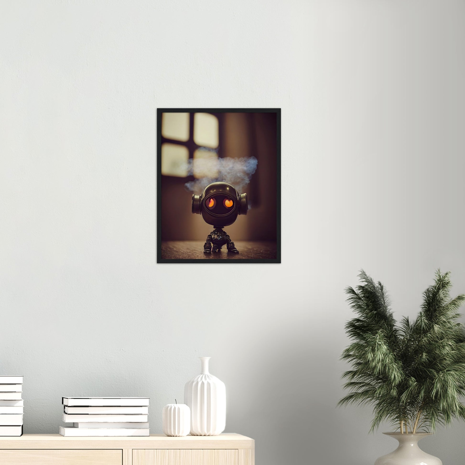 Poster mit Rahmen (Holz) - in Museumsqualität - Tiny robot - with smoke around his head - "Tiny Tim" - Wandbild - Customizable Coffee Cup - Personalized Gifts - Kunstdruck - Rauchender Roboter - Steampunk - Acryldruck - Smoking Robots - Personalized Gifts - Poster with frame - nr.5 lebt - zukunft - Kunstwerk - Office Poster - Poster mit Rahmen - Kaffee Tasse  - Bedruckte Tassen - Kunst Marke - Art Brand - Wandbild - Kunstdrucke - Künstler: John Grayst & Pixelboys - emotional robots - Geschenkidee -