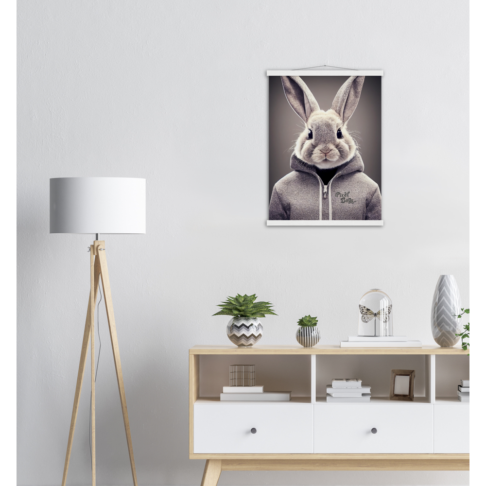 Poster mit Leisten (Holz) - Bunny in grey Hoodie - "Constantin" - Fashion Gang - Wandbild - Ostern - Geschenkidee - Osterhase - Bunny Crew: "Constantin" - "Caesar" - "Titus" - "Cleo" - Weisser Hase - Easter Bunny - Cute - grey Hoodie - sweats - Alice's Adventures in Wonderland - Modemarke - Pixelboys Brand - Constantin der Hase - Hase - Kaninchen  - Künstler: "Pixelboys" - Atelier - Germany - Berlin - Hamburg - Colgne - France - Paris - Italy - Rom - USA - America - New York City - Los Angeles - Chicago - 