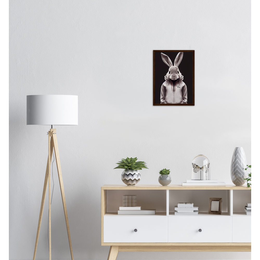 Poster mit Rahmen (Holz) - Bunny in grey tracksuit - Fashion Gang - Wandbild - Ostern - Geschenkidee - Osterhase - Bunny Crew: "Valerian" - "Caesar" - "Constantin" - "Cleo"-Titus - Weisser Hase - Easter Bunny - Cute - grey tracksuit - sweats - Alice's Adventures in Wonderland - Modemarke - Pixelboys Brand - Valerian der Hase - Kaninchen  - Künstler: "Pixelboys" - Atelier - Germany - Berlin - Hamburg - Colgne - France - Paris - Italy - Rom - USA - America - New York City - Los Angeles - Chicago - 