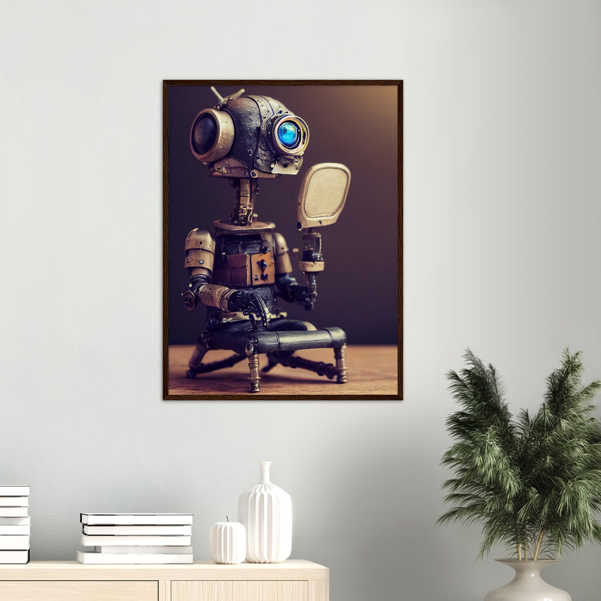 Poster mit Rahmen (Holz) in Museumsqualität - Tiny robot with a mirror - Hitoshi 人 - Wall Art - Spiegel - Acryldruck - Wandkunst - Customizable Coffee Cup - Personalized Gifts - Kunstdruck - Kleine Roboter - Acryldruck - Little Robots - Personalized Gifts - Tiny  - Steampunk - zukunft - Poster with frame - Kunstwerk - Office Poster - Poster mit Rahmen - Kaffee Tasse - Poster - Bedruckte Tassen - Kunst Marke - Art Brand - Kunstdrucke - Künstler: John Grayst & Pixelboys - emotional robots - Geschenkidee - 