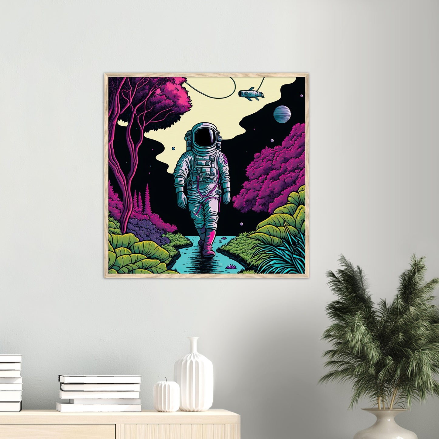 Poster mit Rahmen (Holz) in Museumsqualität - Wandering Astronaut - Stephen - Illustration - Astronaut - Panorama - Rocketman - Posterleisten - USA - Fineart - Posterrahmen  - Wandkunst - Holzrahmen - Poster with frame - artwork - art brand - printed cup personalized - Holzleisten - pixelboys - Kunstdrucke - wandbilder - wall art - Kunst auf Tassen  - Office Poster - Gastrotassen - Wanddekoration - Acrylkunst - Geschenkidee - Office Poster - Acryldruck - Abstrakte Kunst -