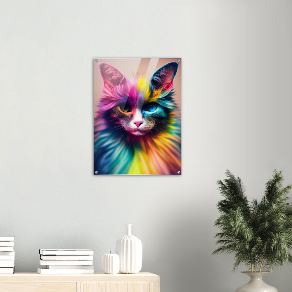 Acrylbild - Einzigartige farbenfrohe Regenbogenkatze "Luna"