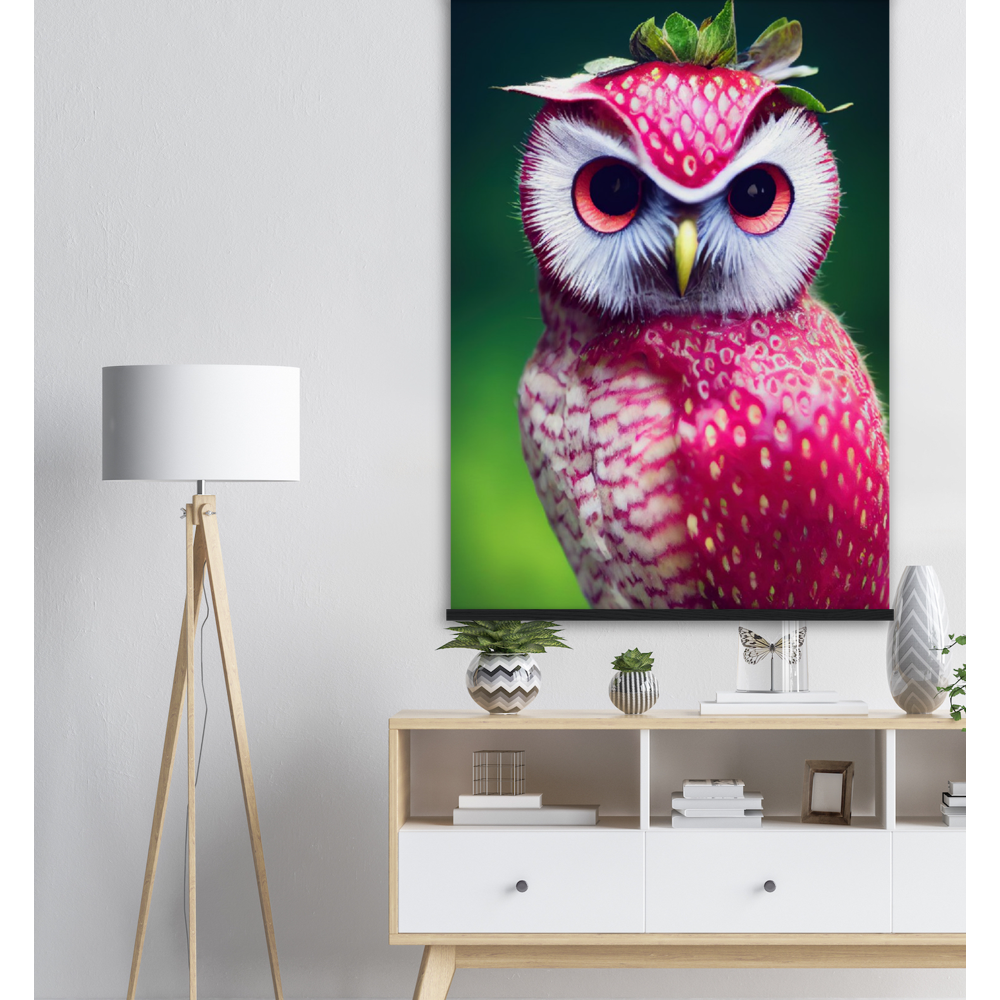 Poster mit Leisten (Holz) - Fruit Owl No. 2 - "Berry", the Strawberry Owl - Serie Fruit Owls - Wandkunst - Kunstdruck - (fiktiv: lat.  Pulsatrix Fragaria) - Erdbeere - Schleiereulen - Fruchteulen - Vogel - Bird - Strigiformes - Noctua - Ornithologie - Kunstwerk  - Office Poster - Poster mit Rahmen - Kaffee Tasse - Poster mit Leisten - Bedruckte Tassen - Kunst Marke - Art Brand - Acrylbild - Wandbild - Kunstdrucke - Papier: 250g/qm - Künstler: John Grayst & Pixelboys - Eulen - Owl - Geschenkidee - 