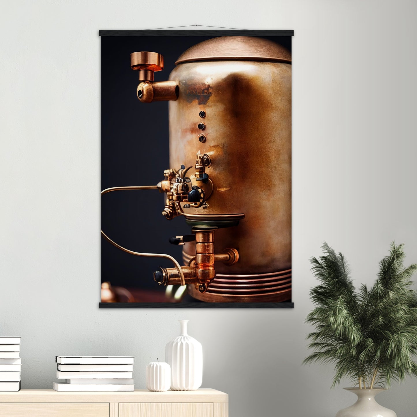 Poster mit Leisten (Holz) - Steampunk - Coffee Maker - No.5 - Collection Cup - Pixelboys - Wandbild - Kunstwerk - Hotelkunst - Kunst auf Postern - Fine Art - Steampunk - Future - Maschine - Poster with frame - Office Poster - Art Brand - Pixelboys - Coffee House - Restaurant Poster - Wall Art - Kunstdruck - Geschenkidee - Kunst auf Acrylglas - Future Coffee Cup - Personalisierbare Tasse - Gastro Tasse - exklusiv - Acryldruck - Gastronomie Poster - Hotelposter - Steam Punk Kitchen -   